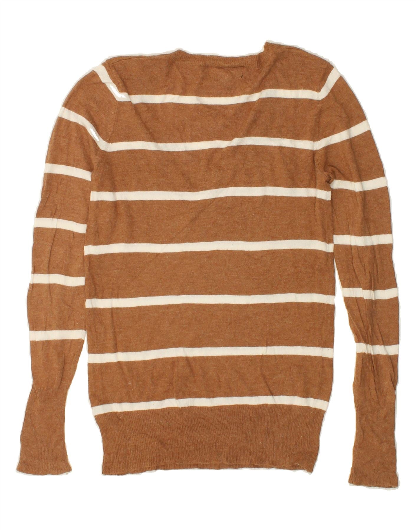 MOSSIMO Womens V-Neck Jumper Sweater UK 14 Medium Brown Striped Nylon Vintage Mossimo and Second-Hand Mossimo from Messina Hembry