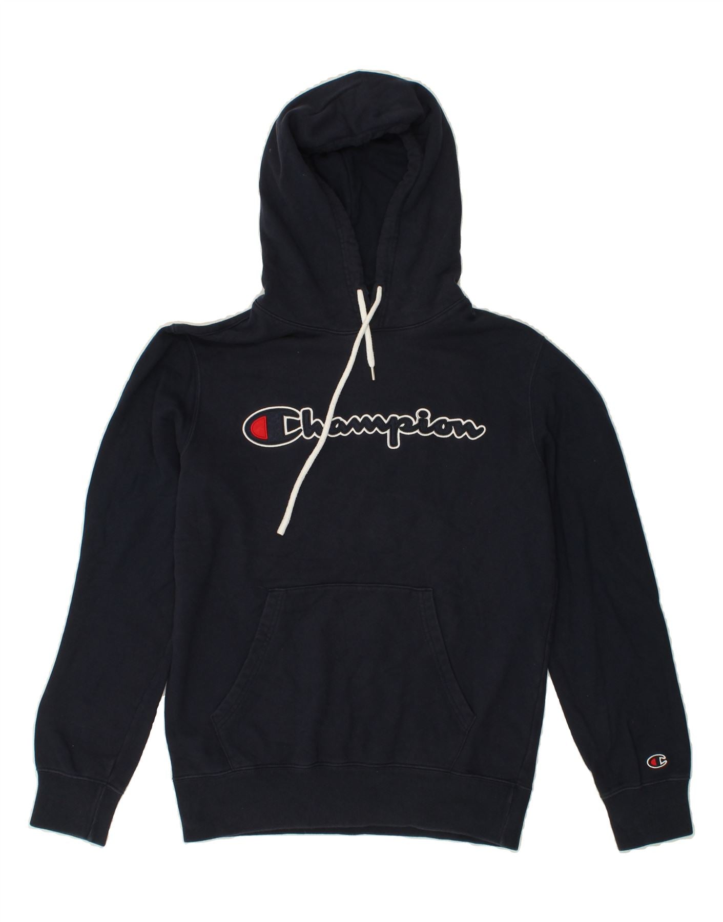 CHAMPION Womens Graphic Hoodie Jumper UK 16 Large Navy Blue Cotton Vintage Champion and Second-Hand Champion from Messina Hembry