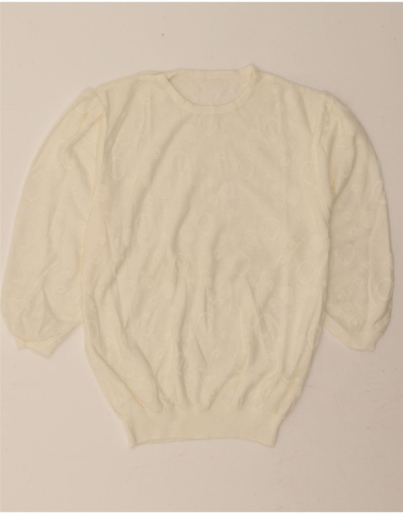 VINTAGE Womens 3/4 Sleeve Crew Neck Jumper Sweater UK 14 Medium Off White Vintage Vintage and Second-Hand Vintage from Messina Hembry