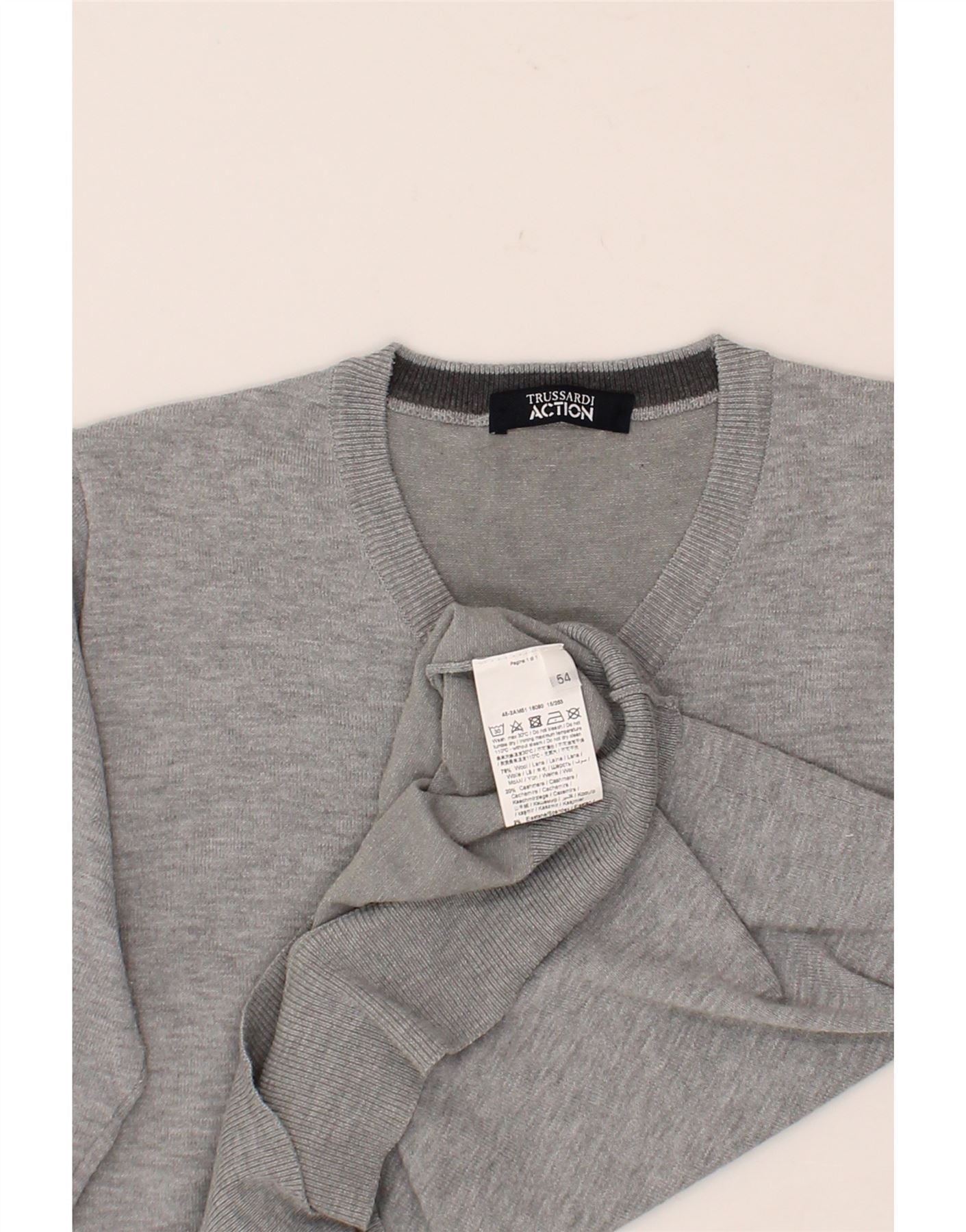 TRUSSARDI Womens V-Neck Jumper Sweater IT 54 3XL Grey Wool Vintage Trussardi and Second-Hand Trussardi from Messina Hembry