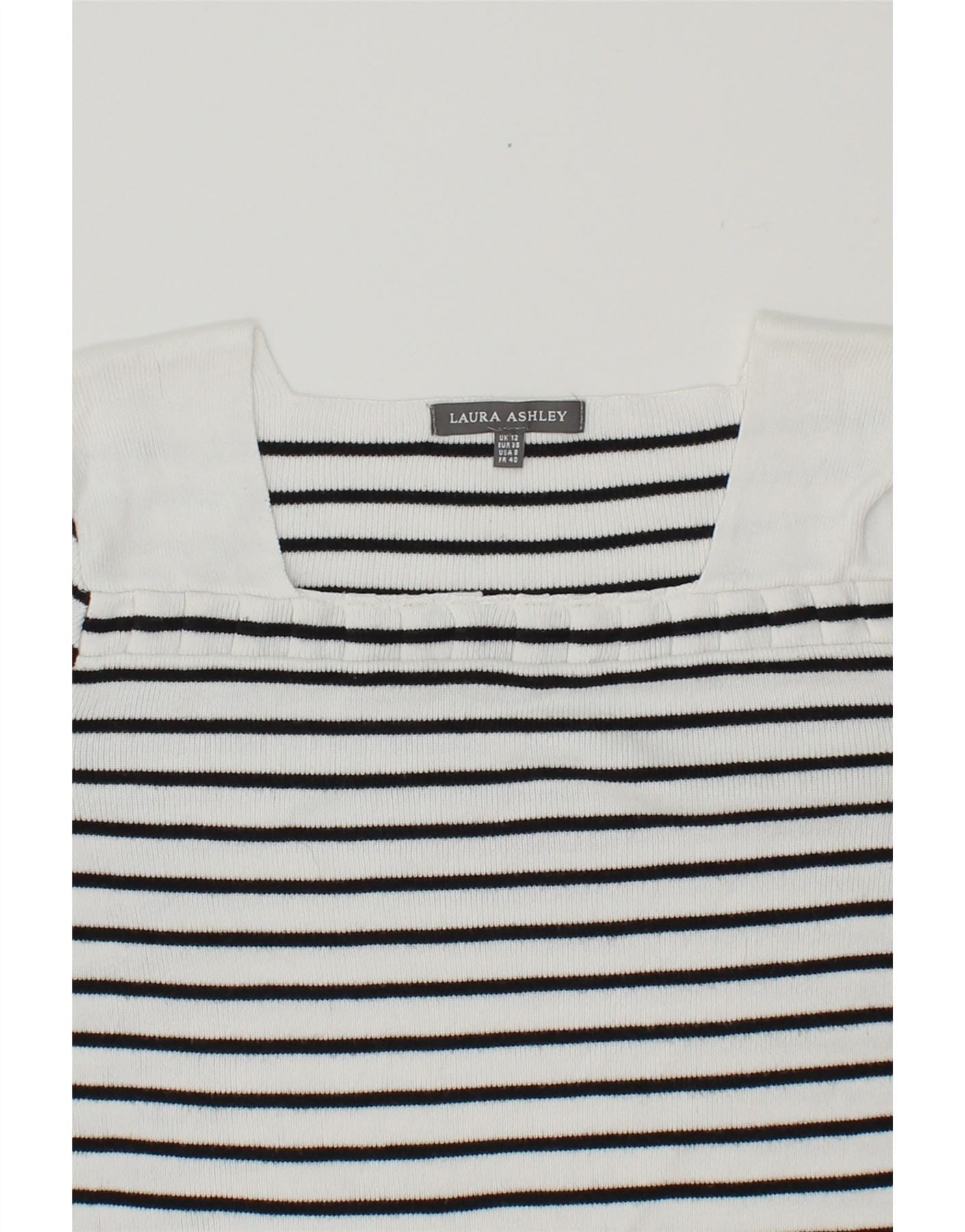 LAURA ASHLEY Womens Boat Neck Jumper Sweater UK 12 Medium  White Striped Vintage Laura Ashley and Second-Hand Laura Ashley from Messina Hembry