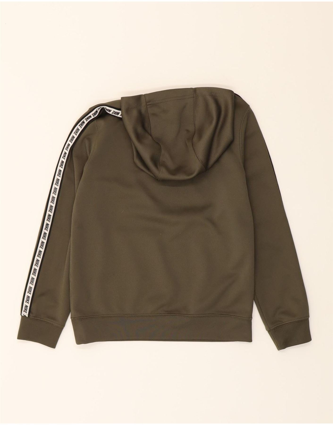 NIKE Boys Graphic Hoodie Jumper 8-9 Years Small Khaki Polyester Vintage Nike and Second-Hand Nike from Messina Hembry