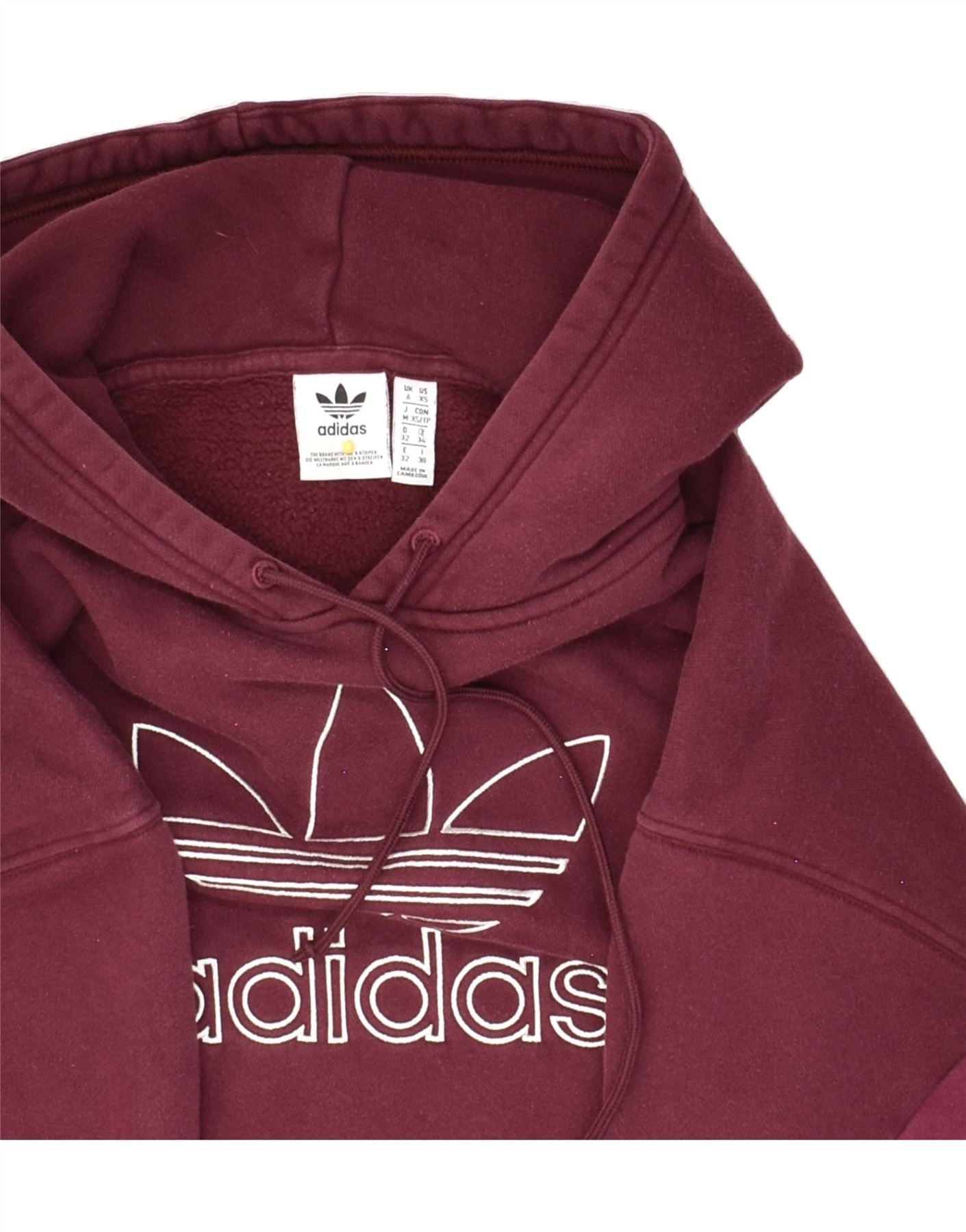 ADIDAS Womens Graphic Crop Hoodie Jumper UK 6 XS Burgundy Colourblock | Vintage Adidas | Thrift | Second-Hand Adidas | Used Clothing | Messina Hembry