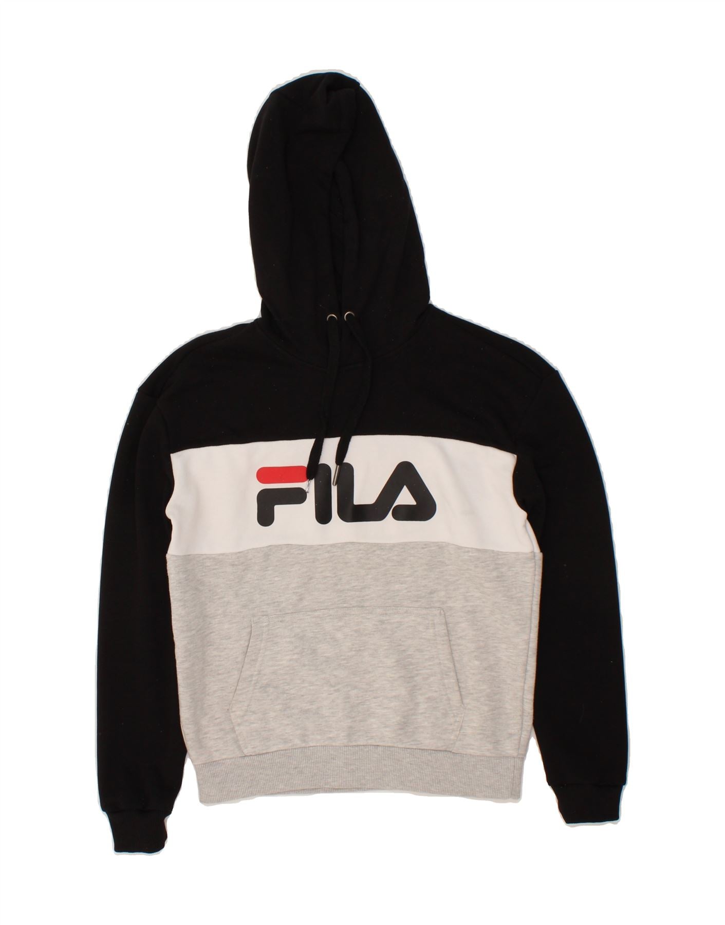FILA Womens Oversized Graphic Hoodie Jumper UK 6 XS Black Colourblock Vintage Fila and Second-Hand Fila from Messina Hembry