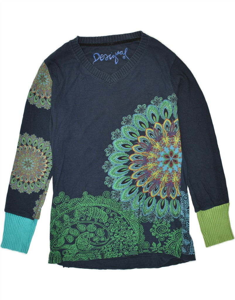 DESIGUAL Womens Graphic V-Neck Jumper Sweater UK 20 2XL Navy Blue Floral | Vintage Desigual | Thrift | Second-Hand Desigual | Used Clothing | Messina Hembry 