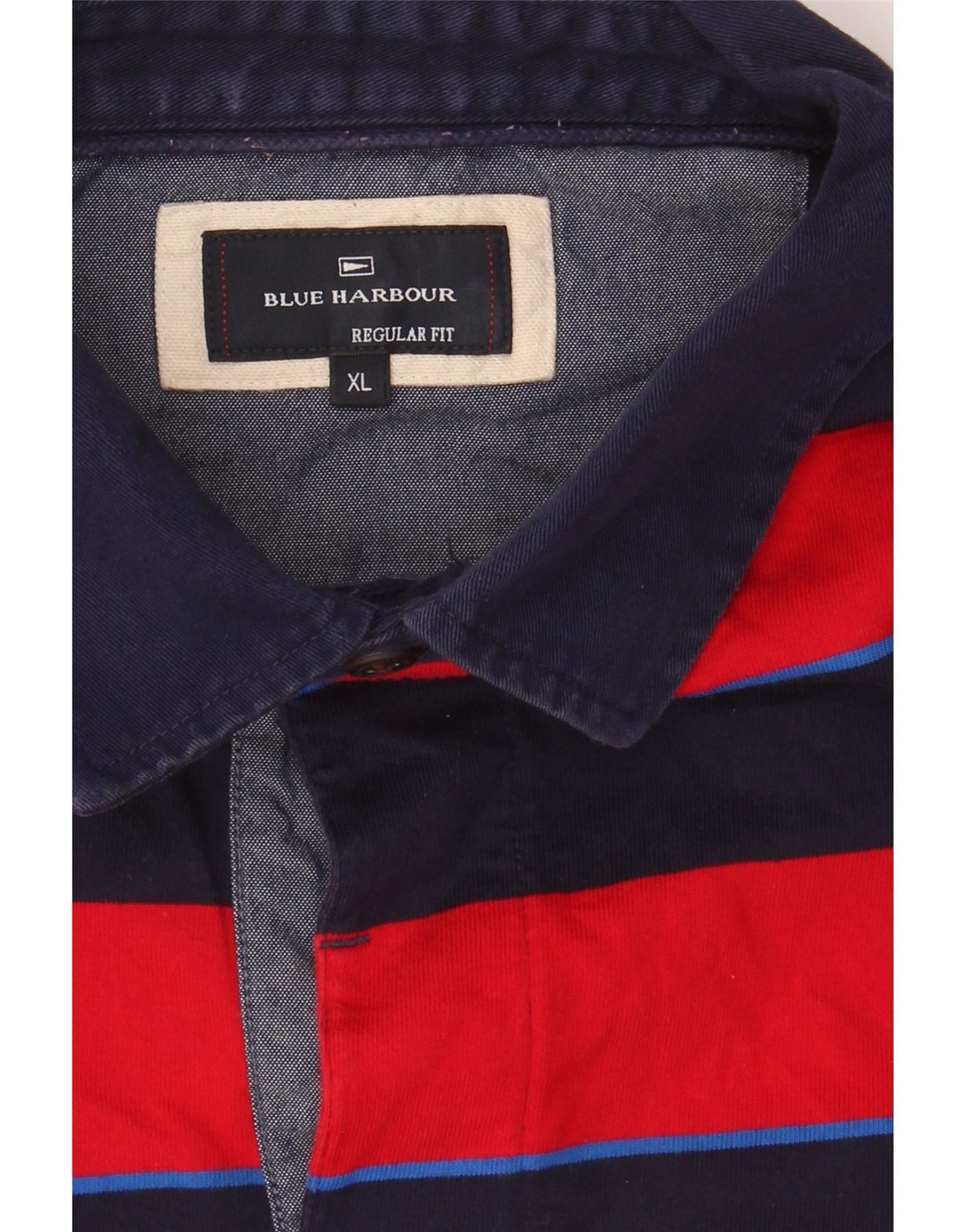 BLUE HARBOUR Mens Regular Fit Long Sleeve Rugby Polo Shirt XL Red Striped Vintage Blue Harbour and Second-Hand Blue Harbour from Messina Hembry