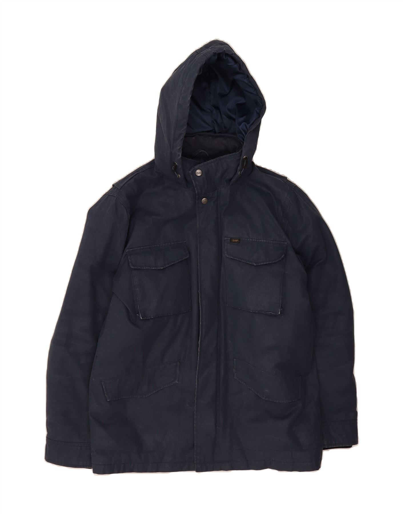 LEE Mens Hooded Padded Jacket UK 38 Medium Navy Blue Polyester Vintage Lee and Second-Hand Lee from Messina Hembry