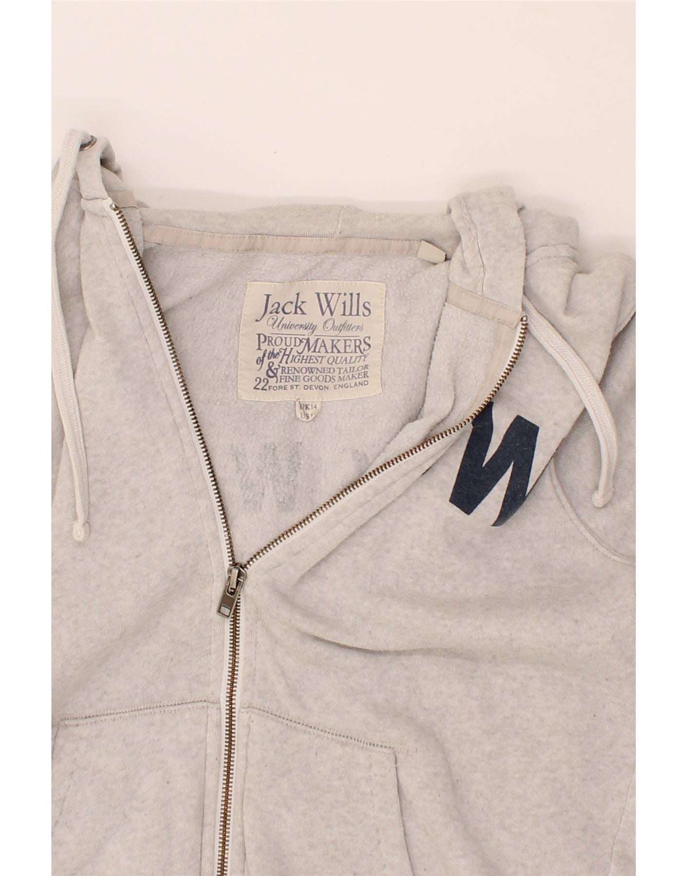 JACK WILLS Womens Graphic Zip Hoodie Sweater UK 14 Large Grey Cotton Vintage Jack Wills and Second-Hand Jack Wills from Messina Hembry