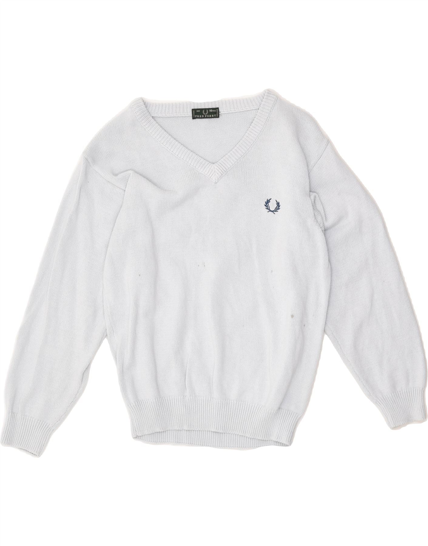 FRED PERRY Boys V-Neck Jumper Sweater 9-10 Years Grey Cotton | Vintage Fred Perry | Thrift | Second-Hand Fred Perry | Used Clothing | Messina Hembry