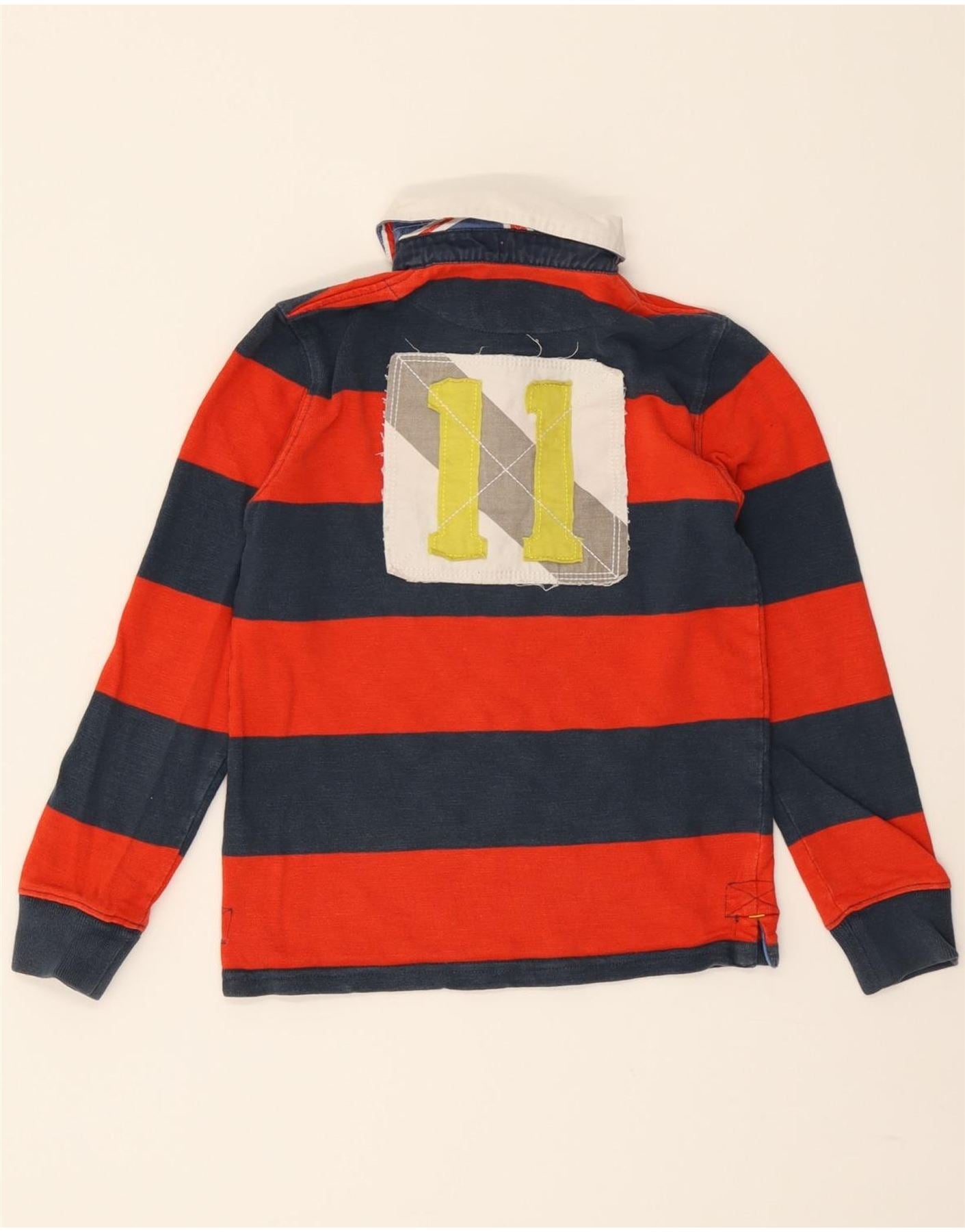 BODEN Boys Graphic Long Sleeve Rugby Polo Shirt 7-8 Years Red Striped Vintage Boden and Second-Hand Boden from Messina Hembry