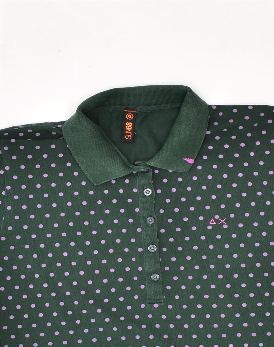 SUN68 Womens Polo Shirt UK 18 XL Green Polka Dot Cotton Vintage Second Hand Clothing Online Messina Hembry