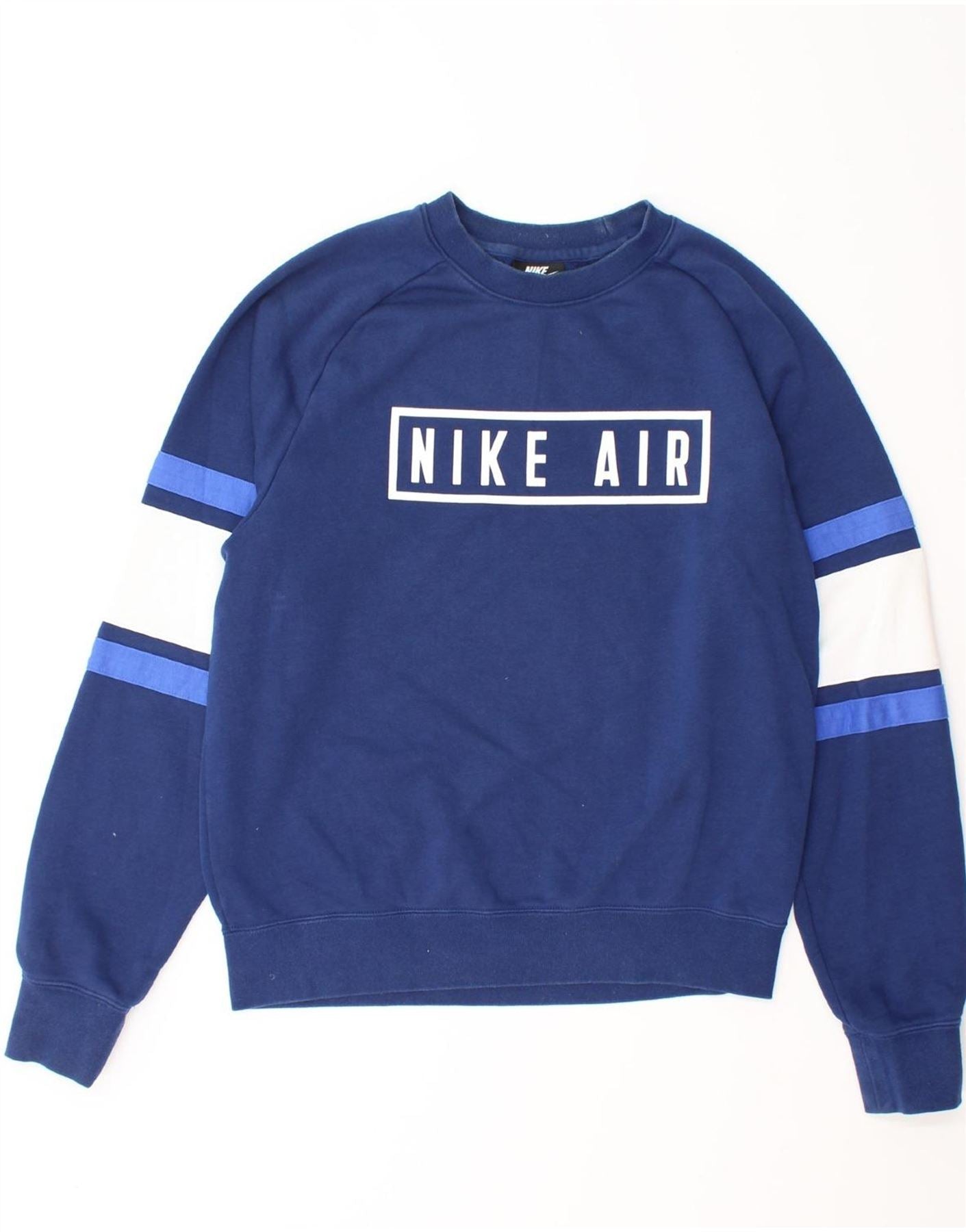 NIKE Mens Graphic Sweatshirt Jumper Small Navy Blue Colourblock Cotton Vintage Nike and Second-Hand Nike from Messina Hembry