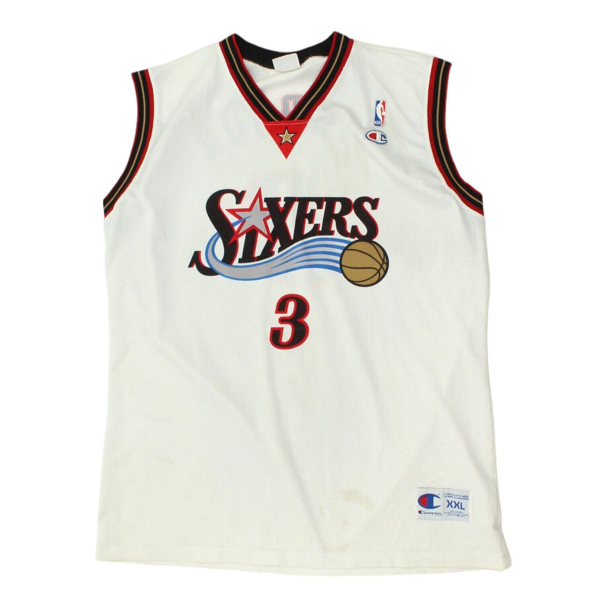 Philadelphia 76ers Allen Iverson Mens White Champion Jersey Vintage NBA Sports Vintage Second Hand Clothing Online Messina Hembry