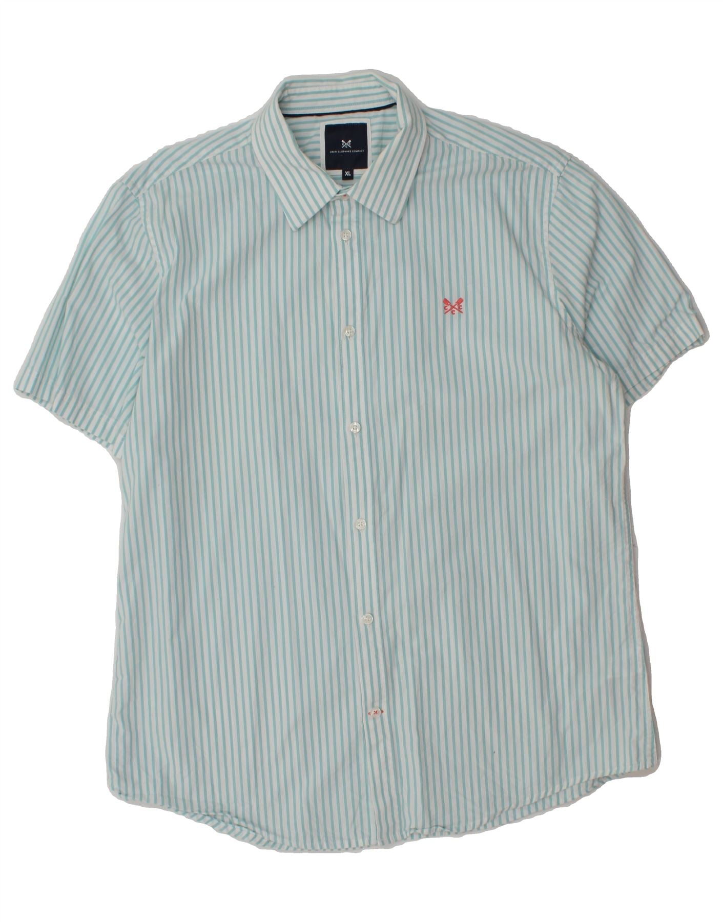 CREW CLOTHING Mens Short Sleeve Shirt XL Blue Striped Cotton Vintage Crew Clothing and Second-Hand Crew Clothing from Messina Hembry