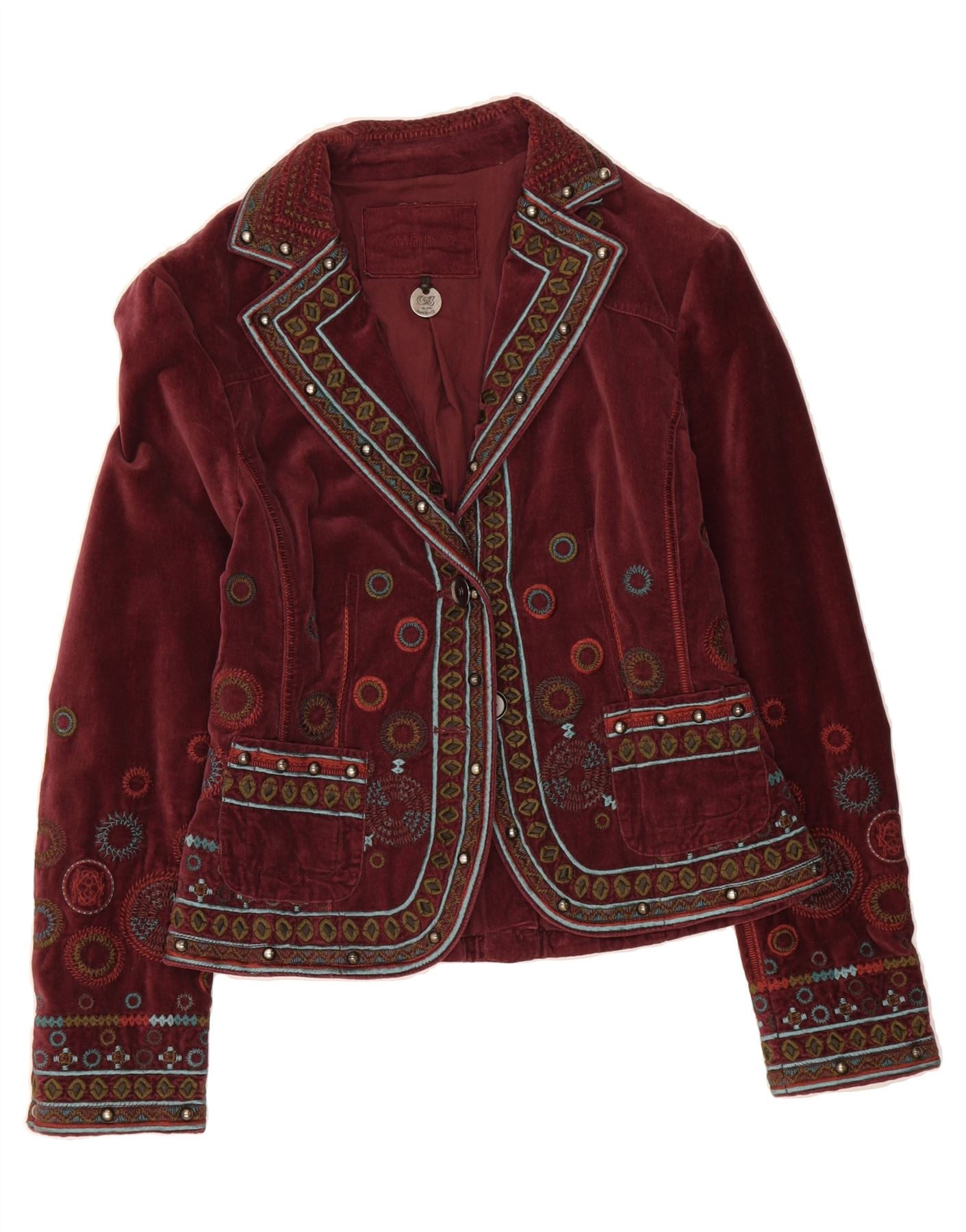AMBIENTE Womens Velvet Blazer Jacket UK 10 Small Burgundy Geometric Vintage Ambiente and Second-Hand Ambiente from Messina Hembry