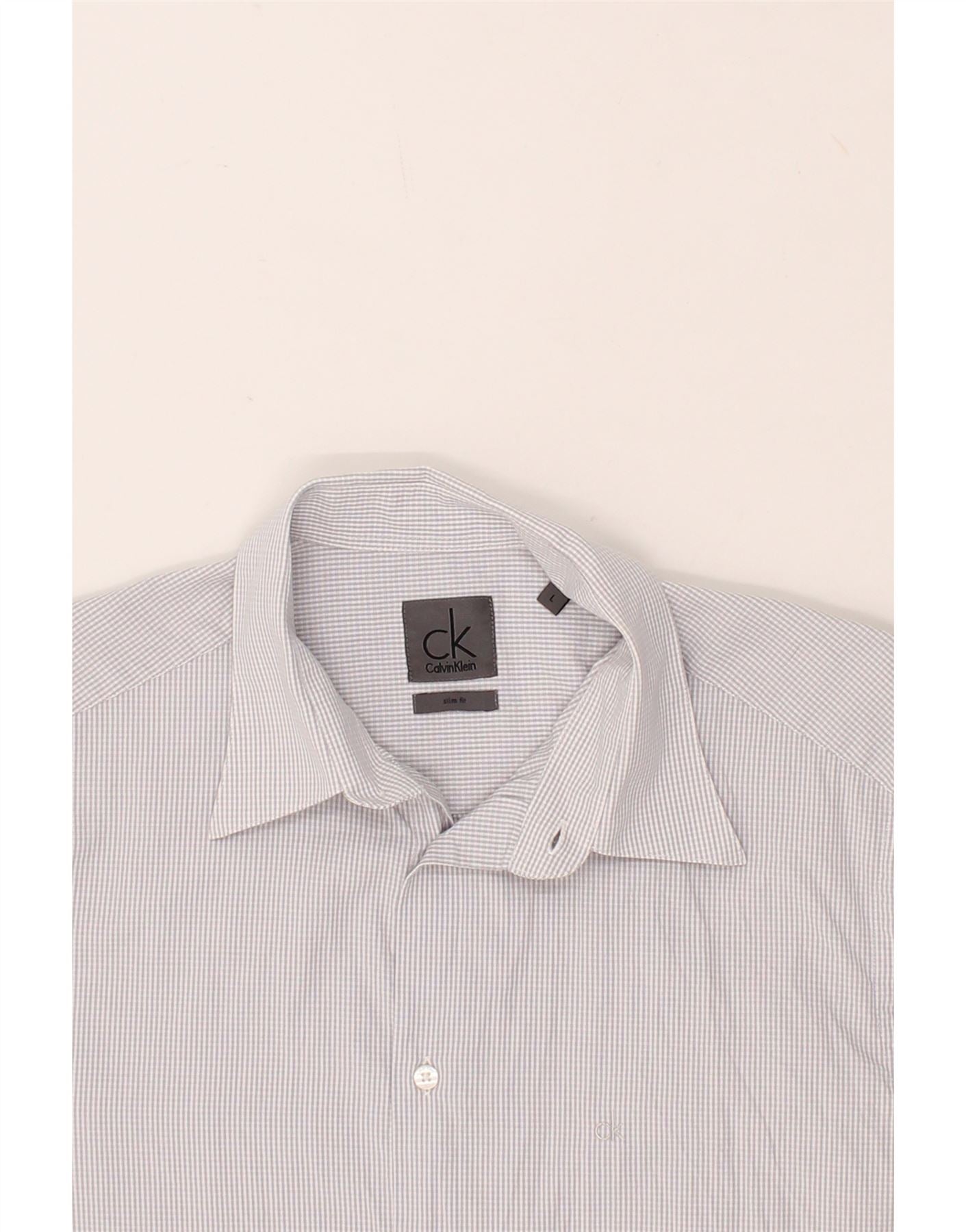 CALVIN KLEIN Mens Slim Fit Shirt Large Grey Check Vintage Calvin Klein and Second-Hand Calvin Klein from Messina Hembry