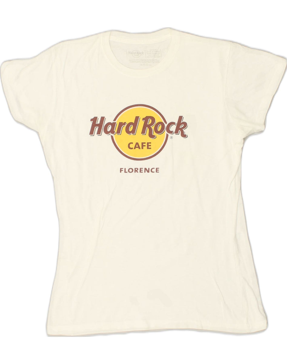 HARD ROCK CAFE T shirt grafica da donna Florence Top UK 12 Medium White Abbigliamento vintage e di seconda mano online Messina Hembry