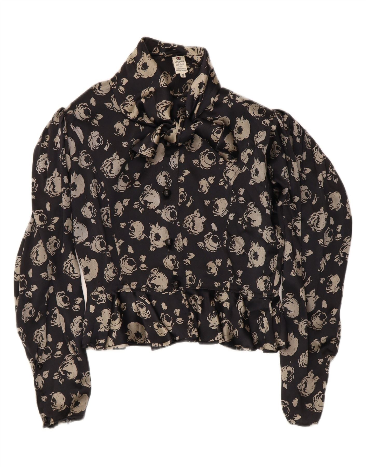 UNGARO SOLO DONNA Womens Crop Shirt Blouse UK 12 Medium Black Floral Vintage Ungaro Solo Donna and Second-Hand Ungaro Solo Donna from Messina Hembry