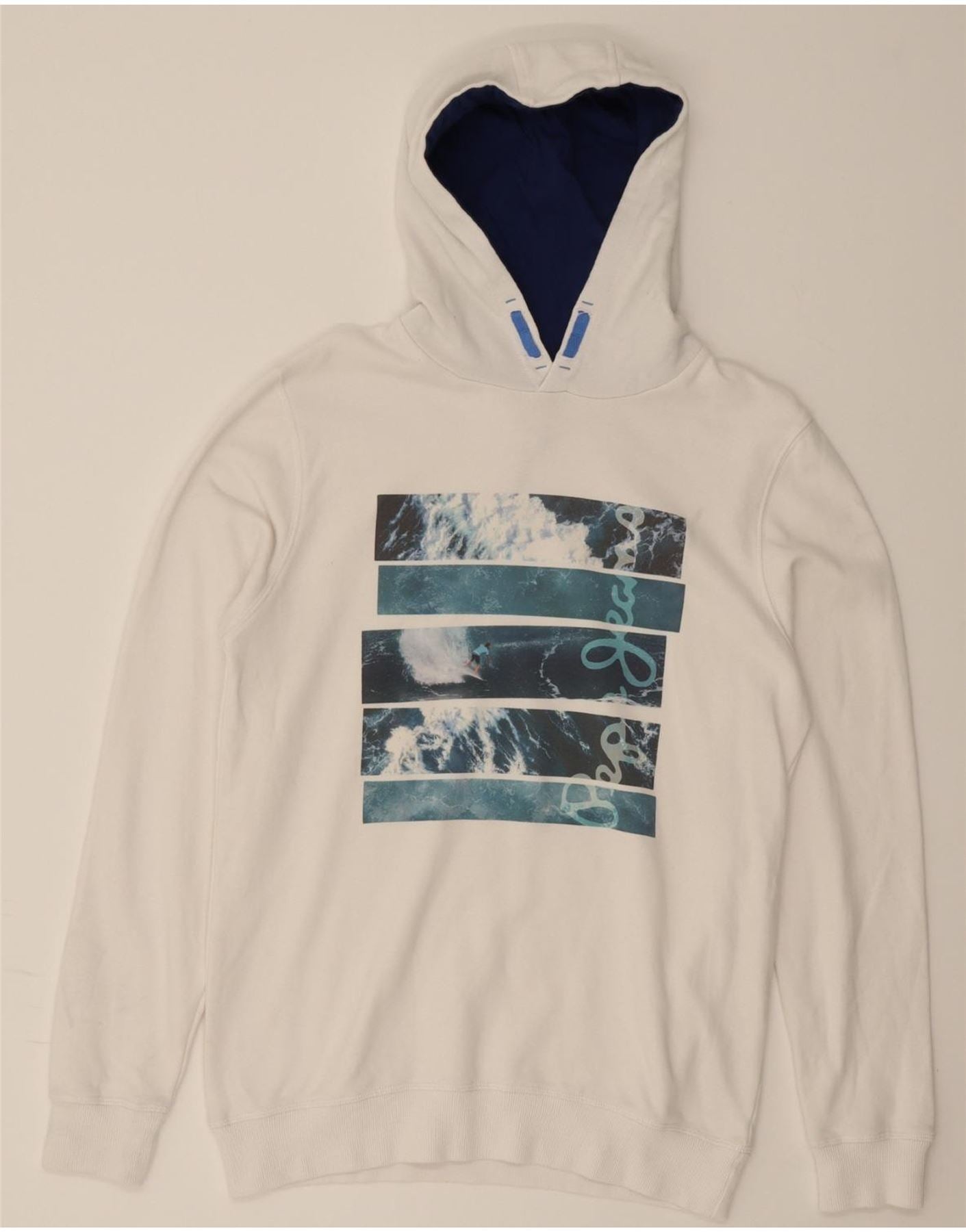 PEPE JEANS Boys Graphic Hoodie Jumper 15-16 Years Medium White Cotton Vintage PEPE Jeans and Second-Hand PEPE Jeans from Messina Hembry
