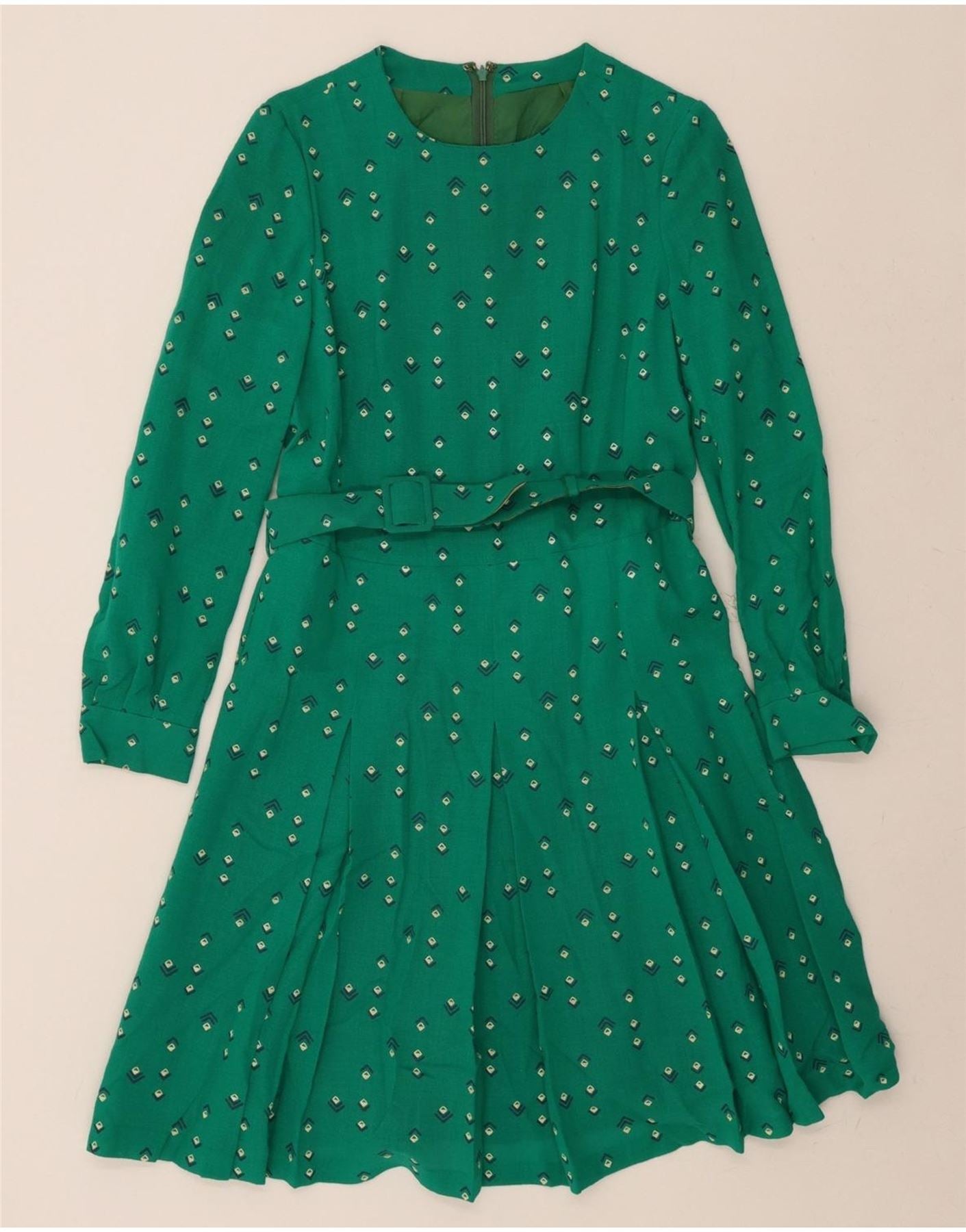 VINTAGE Womens Long Sleeve A-Line Dress IT 46 Large Green Geometric Vintage Vintage and Second-Hand Vintage from Messina Hembry