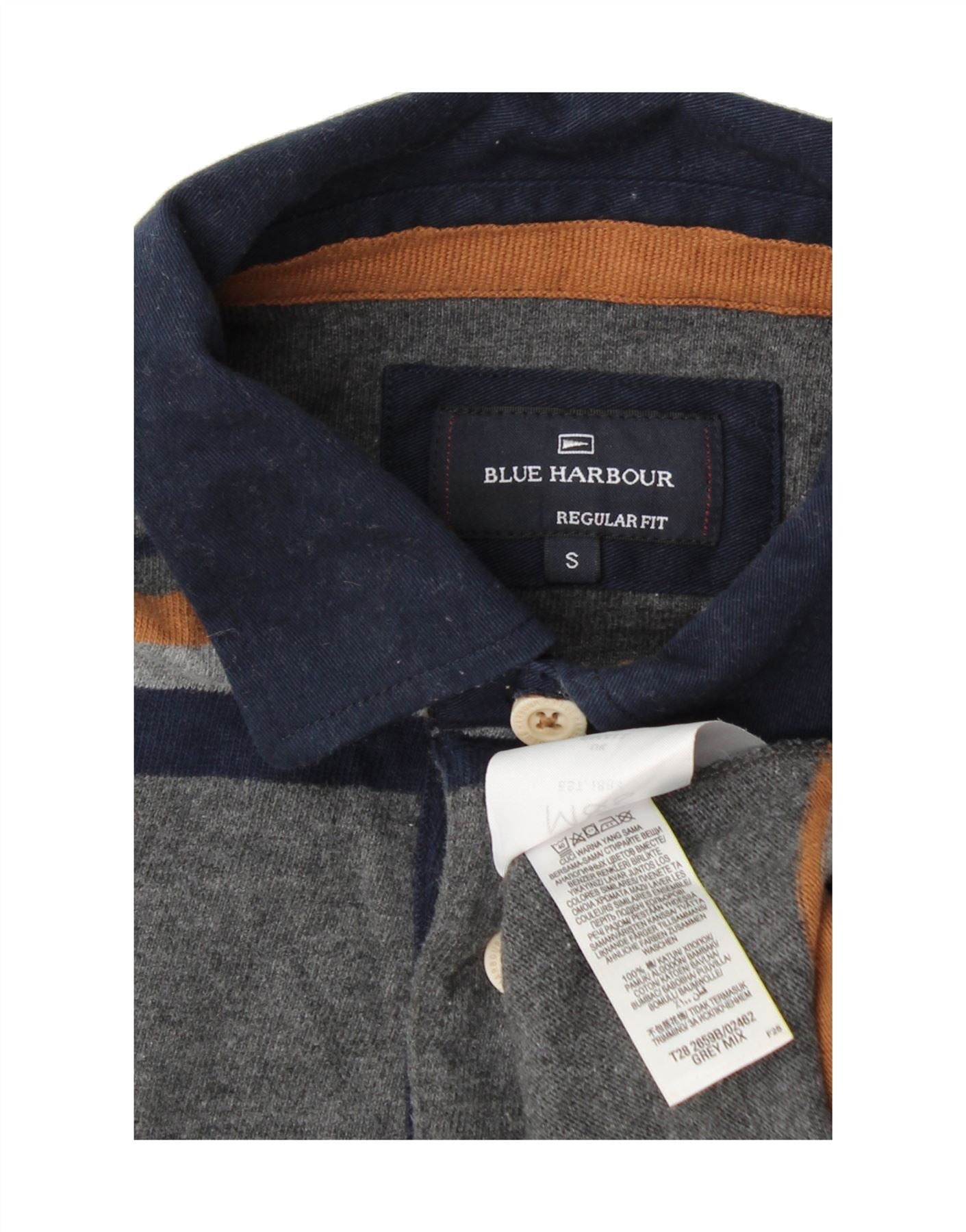 BLUE HARBOUR Mens Regular Fit Rugby Polo Shirt Small Grey Striped Vintage Blue Harbour and Second-Hand Blue Harbour from Messina Hembry