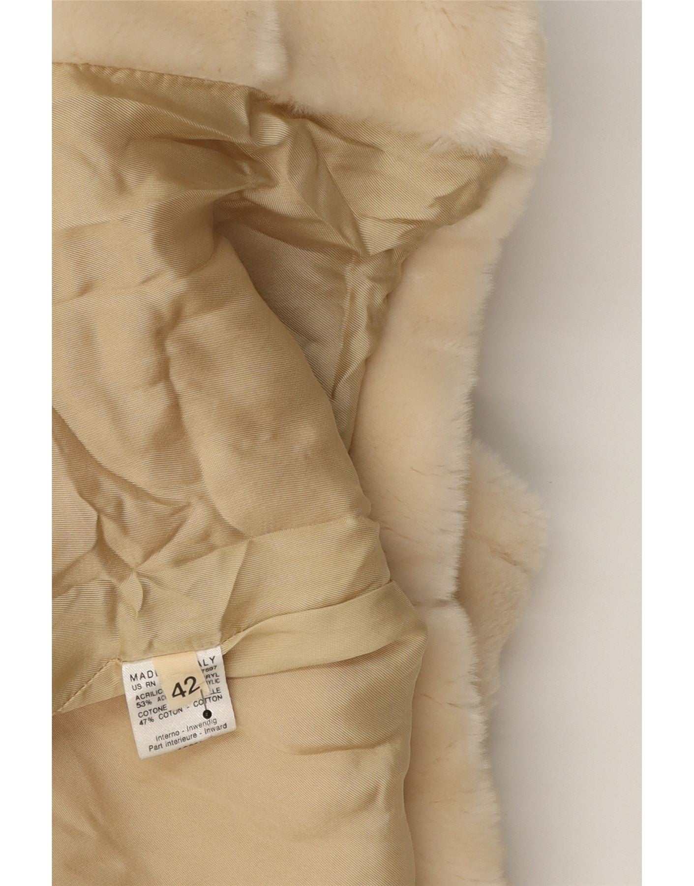 BENETTON Womens 3/4 Sleeve Faux Fur Overcoat IT 42 Medium Beige Acrylic Vintage Benetton and Second-Hand Benetton from Messina Hembry