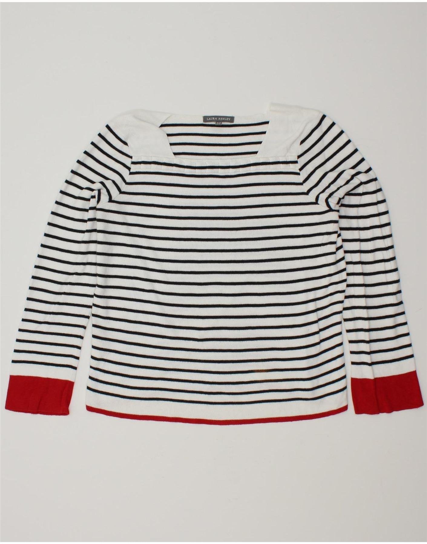 LAURA ASHLEY Womens Boat Neck Jumper Sweater UK 12 Medium  White Striped Vintage Laura Ashley and Second-Hand Laura Ashley from Messina Hembry