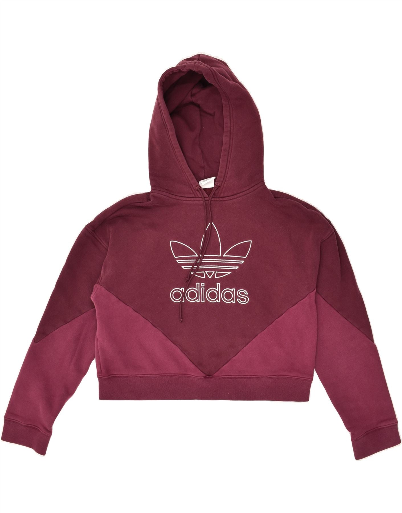 ADIDAS Womens Graphic Crop Hoodie Jumper UK 6 XS Burgundy Colourblock | Vintage Adidas | Thrift | Second-Hand Adidas | Used Clothing | Messina Hembry
