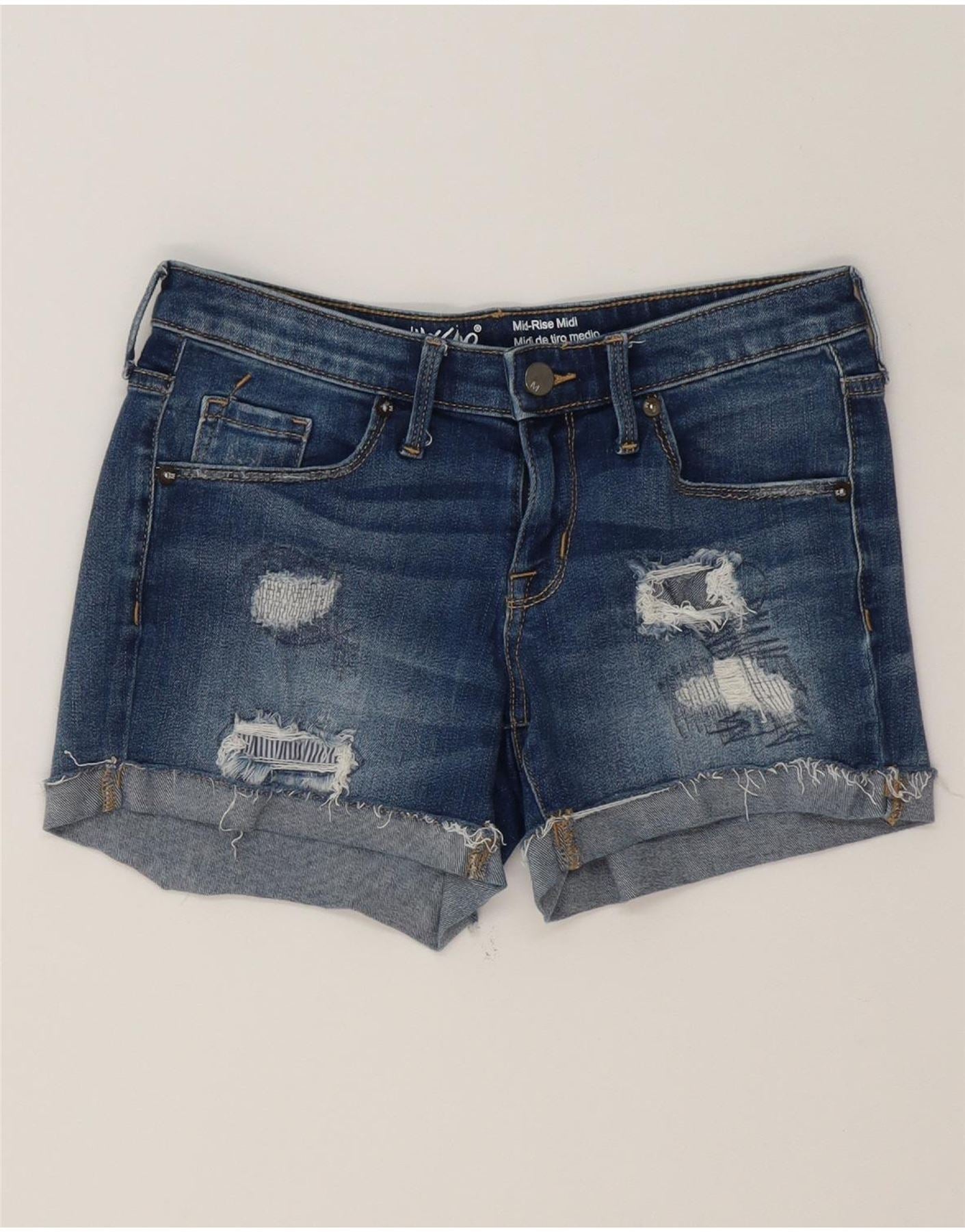 MOSSIMO Womens Mid Rise Distressed Denim Shorts US 2 XS W26 Blue Cotton Vintage Mossimo and Second-Hand Mossimo from Messina Hembry