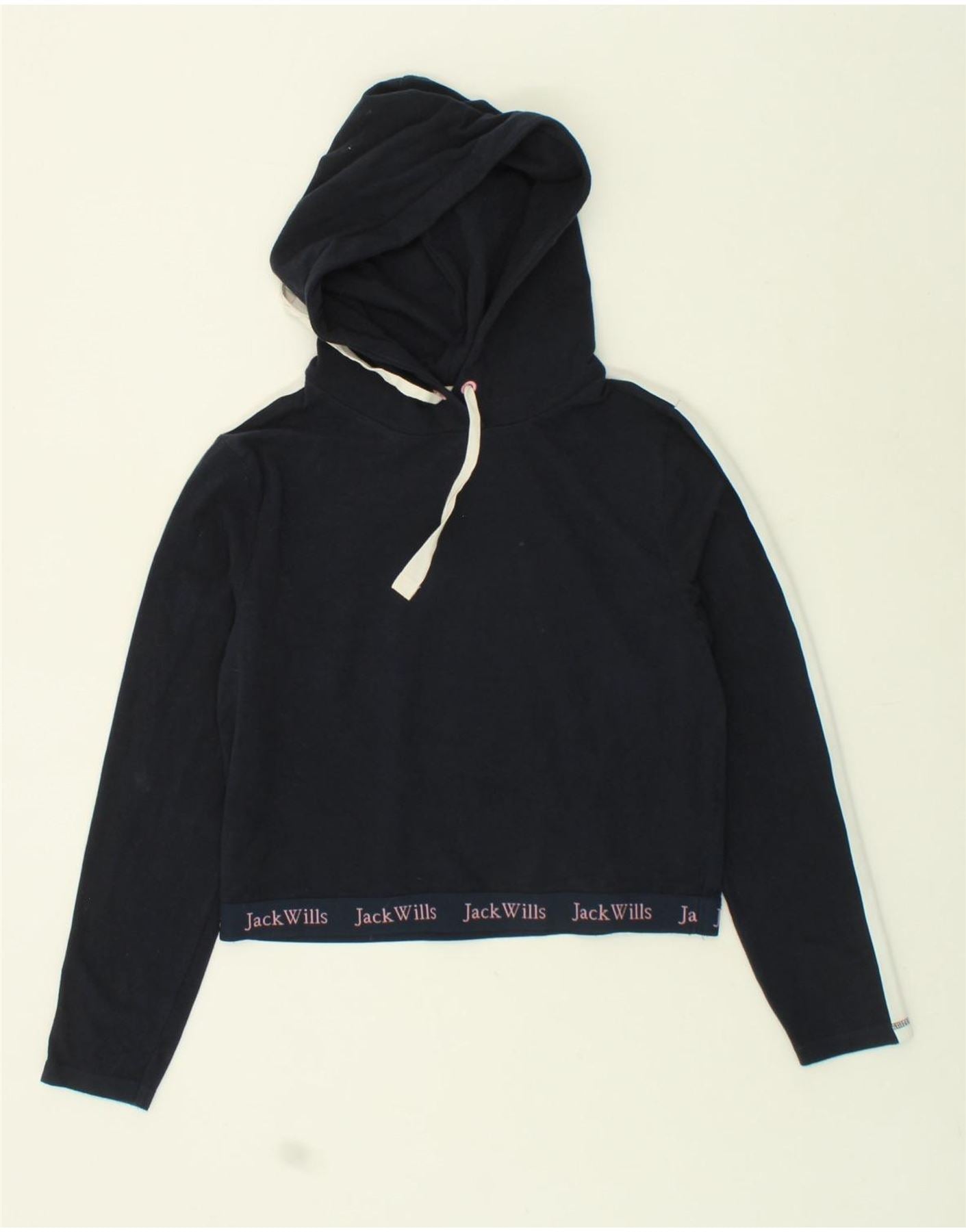JACK WILLS Womens Graphic Crop Hoodie Jumper UK 12 Medium Navy Blue Cotton Vintage Jack Wills and Second-Hand Jack Wills from Messina Hembry
