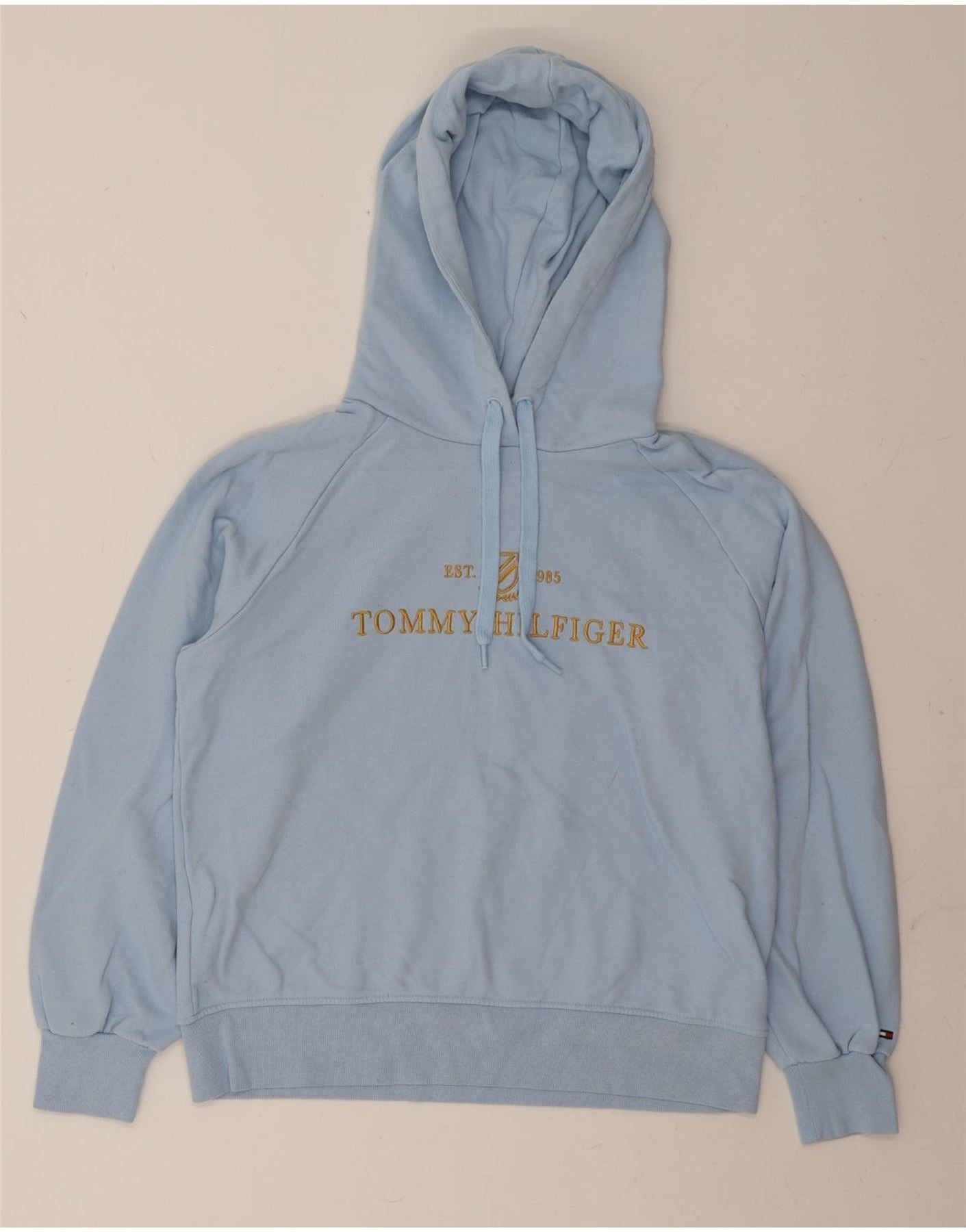 TOMMY HILFIGER Womens Graphic Oversized Hoodie Jumper UK 10 Small Blue Vintage Tommy Hilfiger and Second-Hand Tommy Hilfiger from Messina Hembry