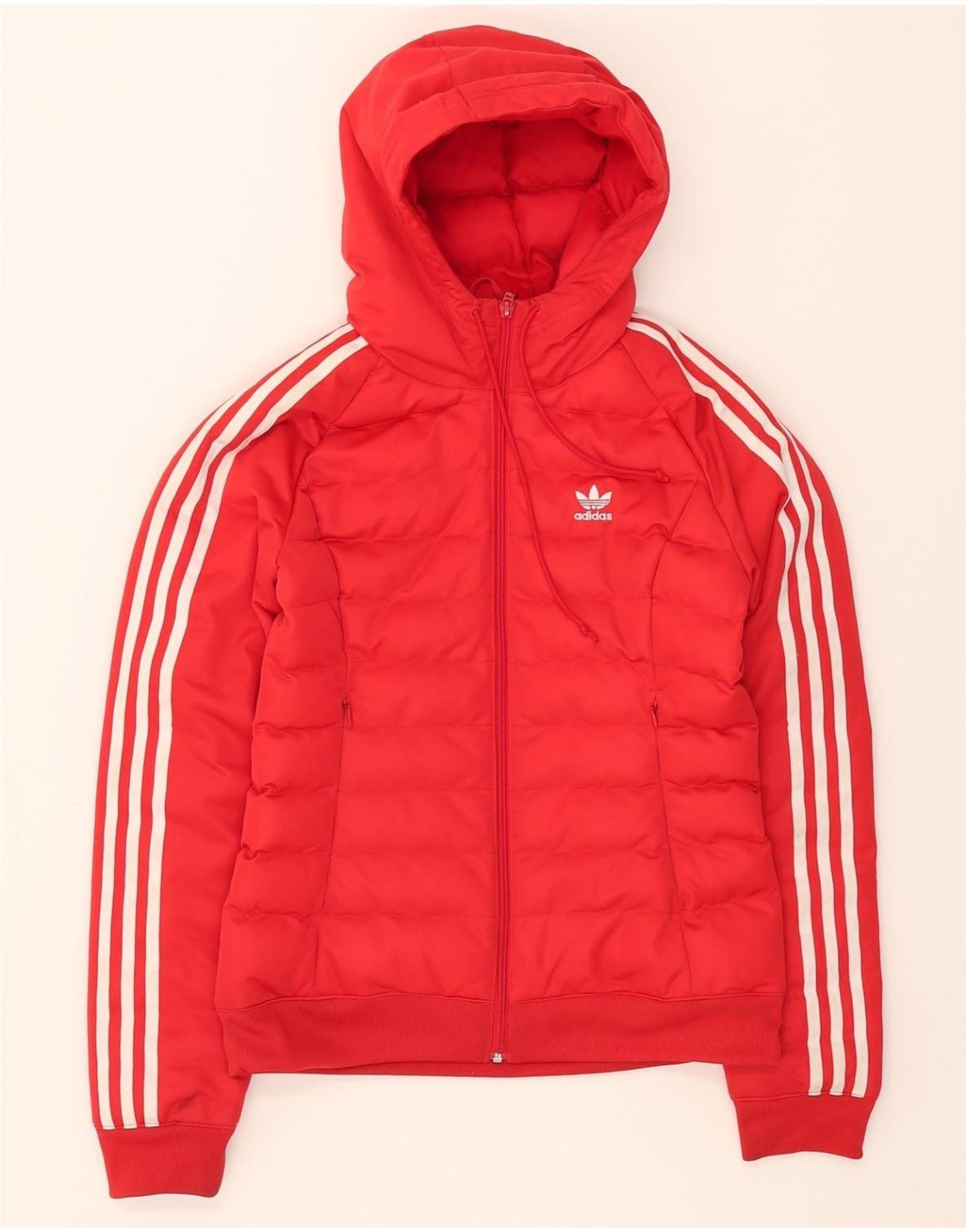 ADIDAS Womens Hooded Bomber Padded Jacket UK 8 Small Red Polyester Vintage Adidas and Second-Hand Adidas from Messina Hembry