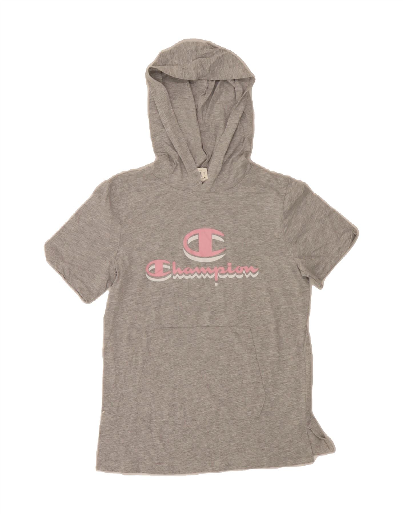 CHAMPION Girls Graphic Short Sleeve Hoodie Jumper 13-14 Years XL Grey Vintage Champion and Second-Hand Champion from Messina Hembry