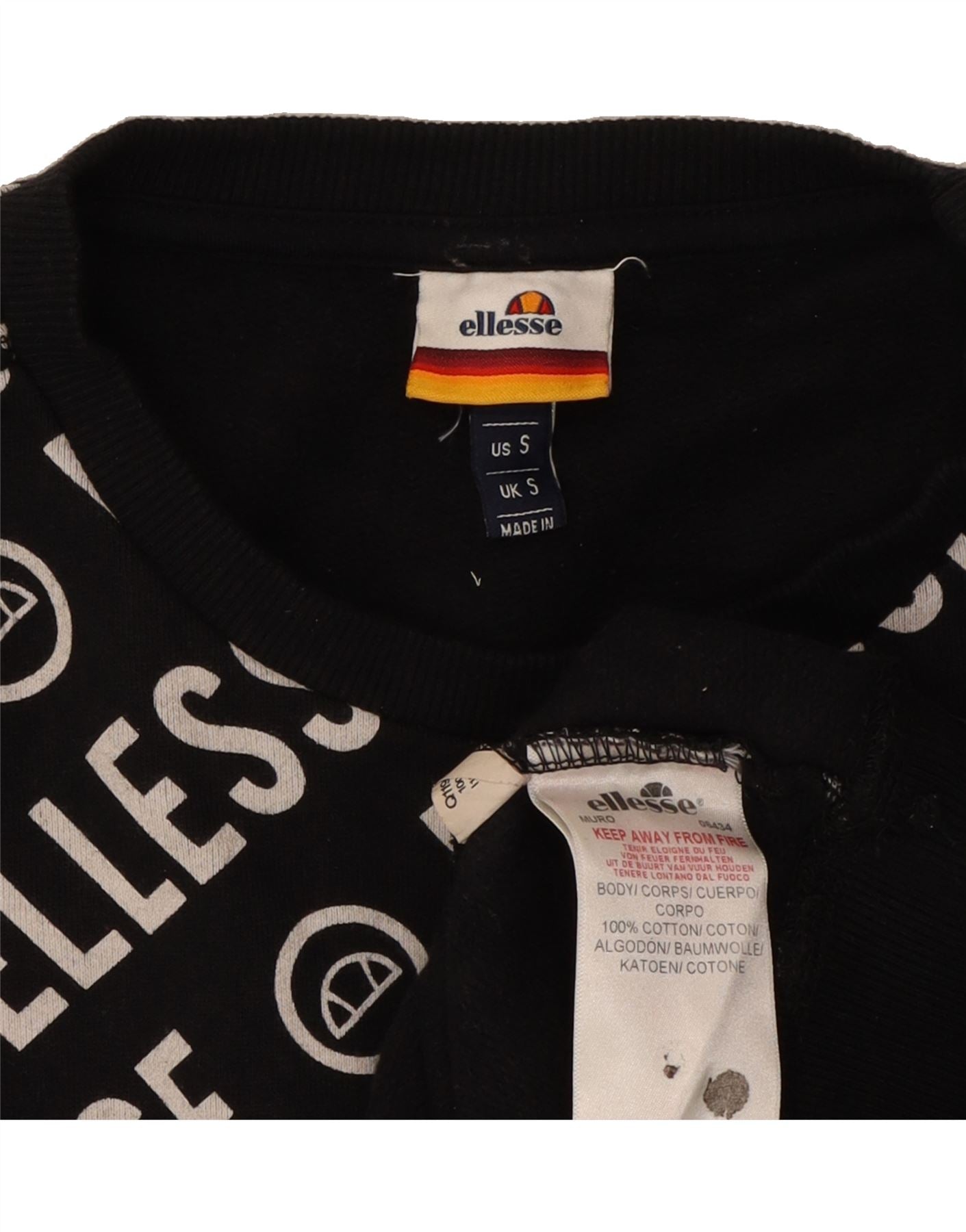 ELLESSE Mens Graphic Sweatshirt Jumper Small Black Cotton Vintage Ellesse and Second-Hand Ellesse from Messina Hembry
