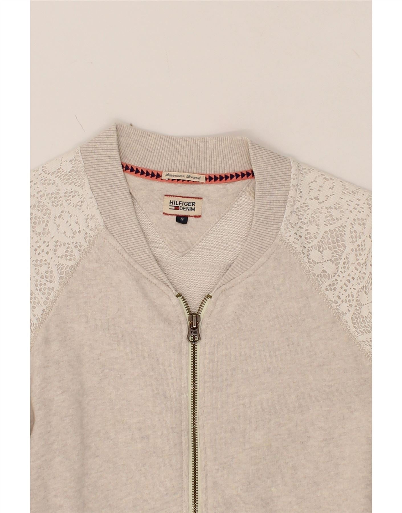 TOMMY HILFIGER Womens Tracksuit Top Jacket UK 10 Small Grey Floral Cotton Vintage Tommy Hilfiger and Second-Hand Tommy Hilfiger from Messina Hembry