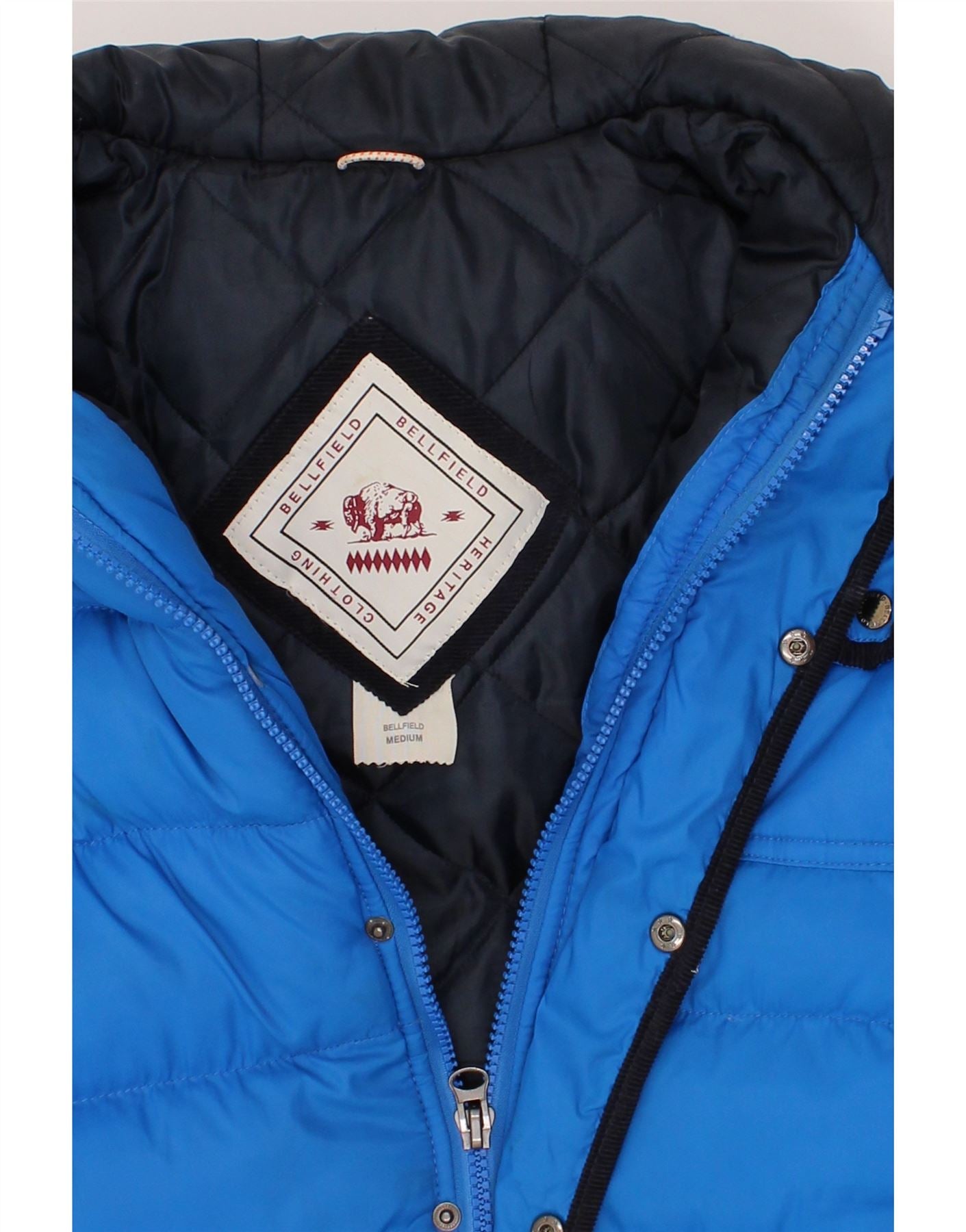 BELLFIELD Mens Hooded Padded Jacket UK 38 Medium Blue Nylon Vintage Bellfield and Second-Hand Bellfield from Messina Hembry