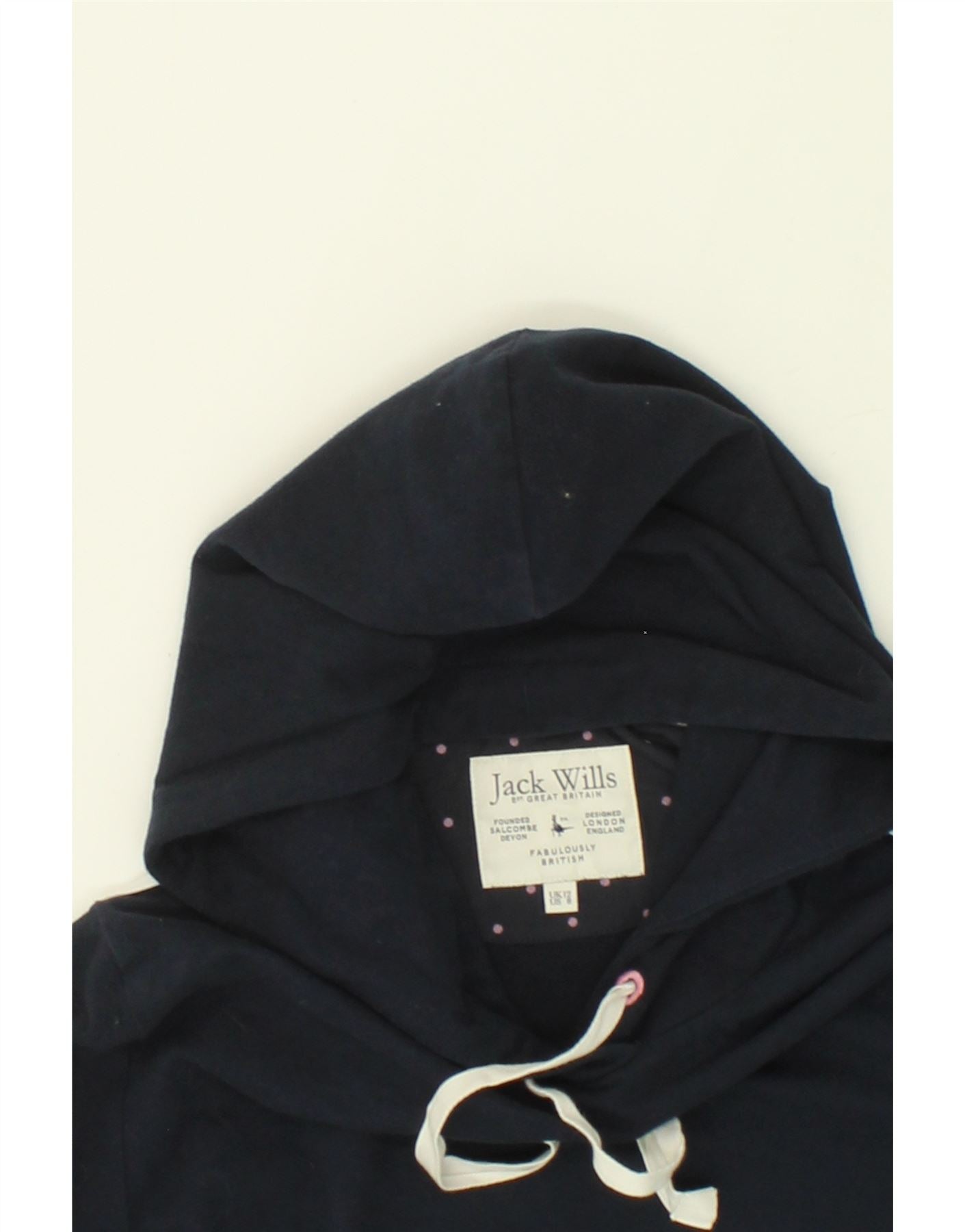 JACK WILLS Womens Graphic Crop Hoodie Jumper UK 12 Medium Navy Blue Cotton Vintage Jack Wills and Second-Hand Jack Wills from Messina Hembry
