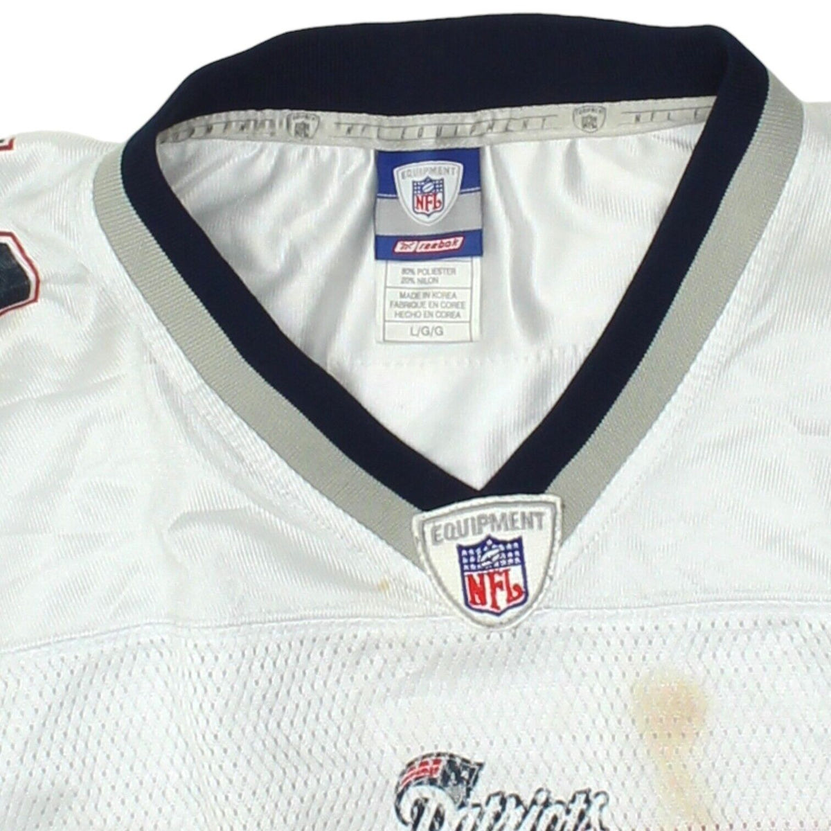 New England Patriots Tedy Bruschi Reebok Mens White Jersey NFL Sportswear VTG Vintage Second Hand Clothing Online Messina Hembry