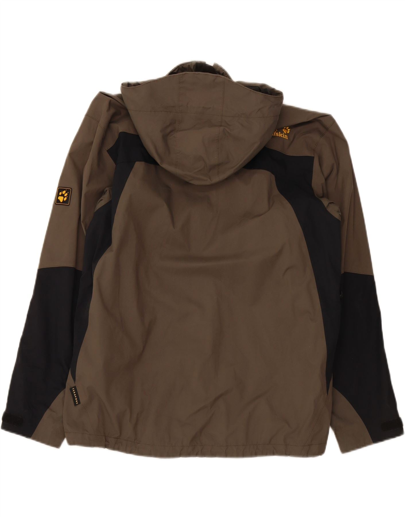 JACK WOLFSKIN Mens Hooded Rain Jacket UK 36/38 Medium Brown Colourblock Vintage Jack Wolfskin and Second-Hand Jack Wolfskin from Messina Hembry