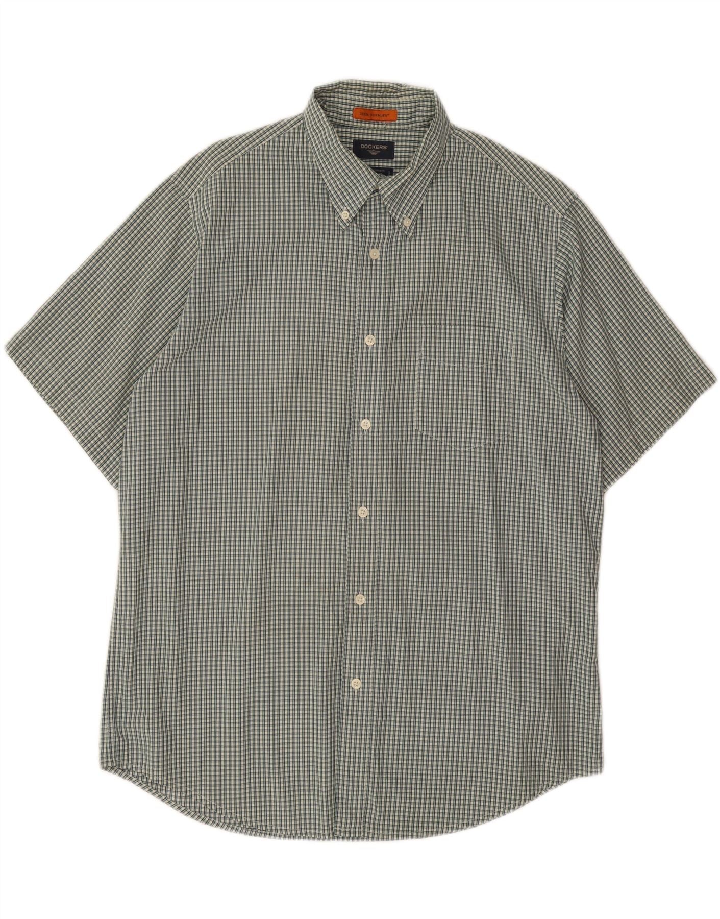 DOCKERS Mens Stain Defender Short Sleeve Shirt Large Green Check Cotton Vintage Dockers and Second-Hand Dockers from Messina Hembry