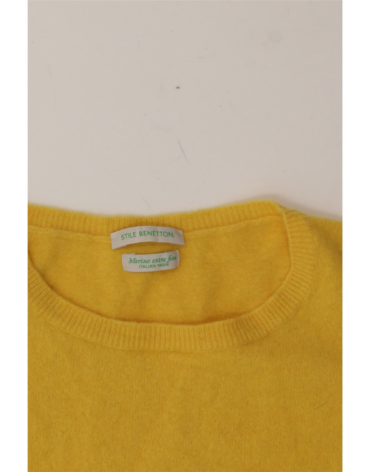 BENETTON Womens Boat Neck Jumper Sweater UK 14 Large Yellow Wool Vintage Benetton and Second-Hand Benetton from Messina Hembry
