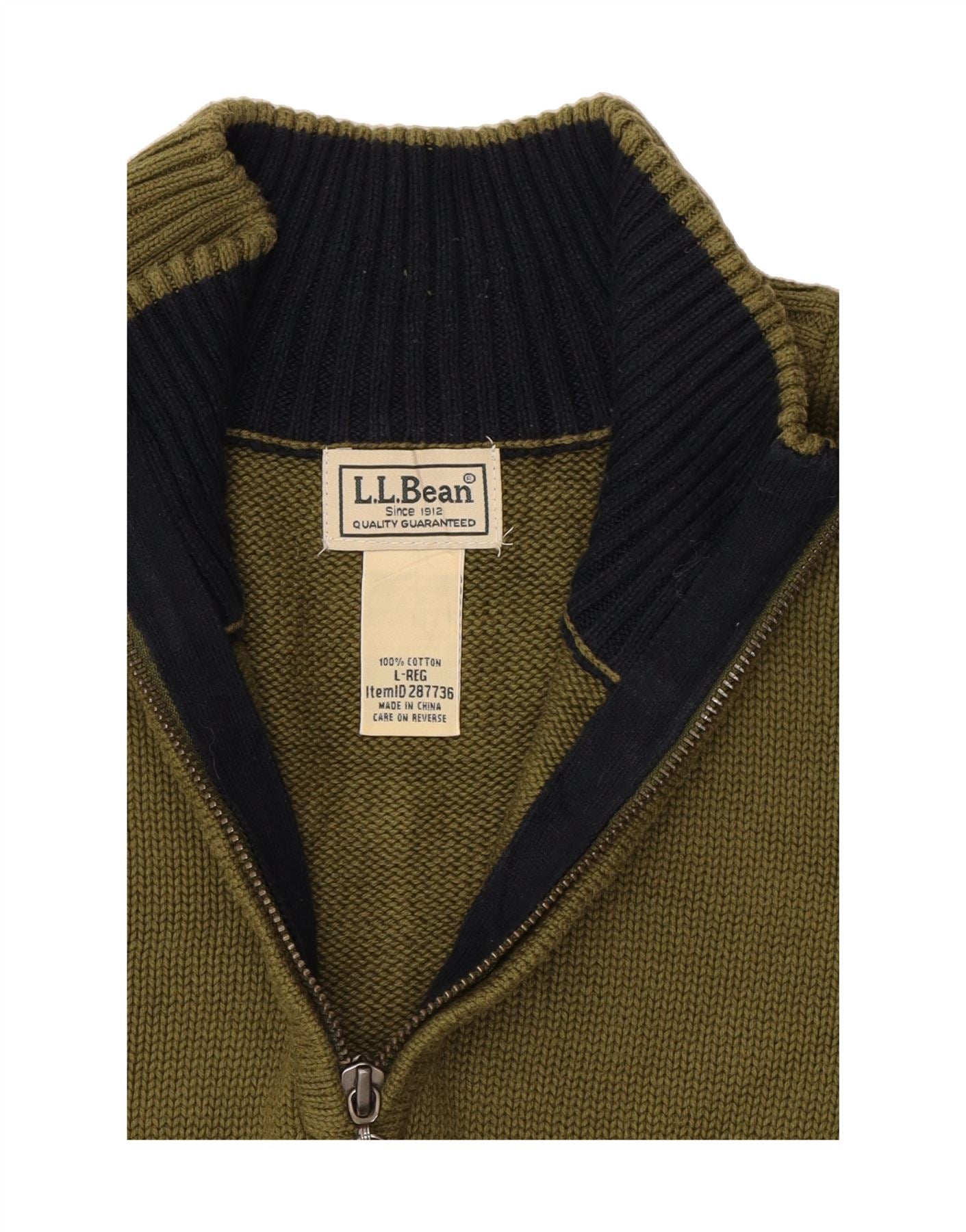 L.L.BEAN Mens Zip Neck Jumper Sweater Large Khaki Cotton Vintage L.L.Bean and Second-Hand L.L.Bean from Messina Hembry