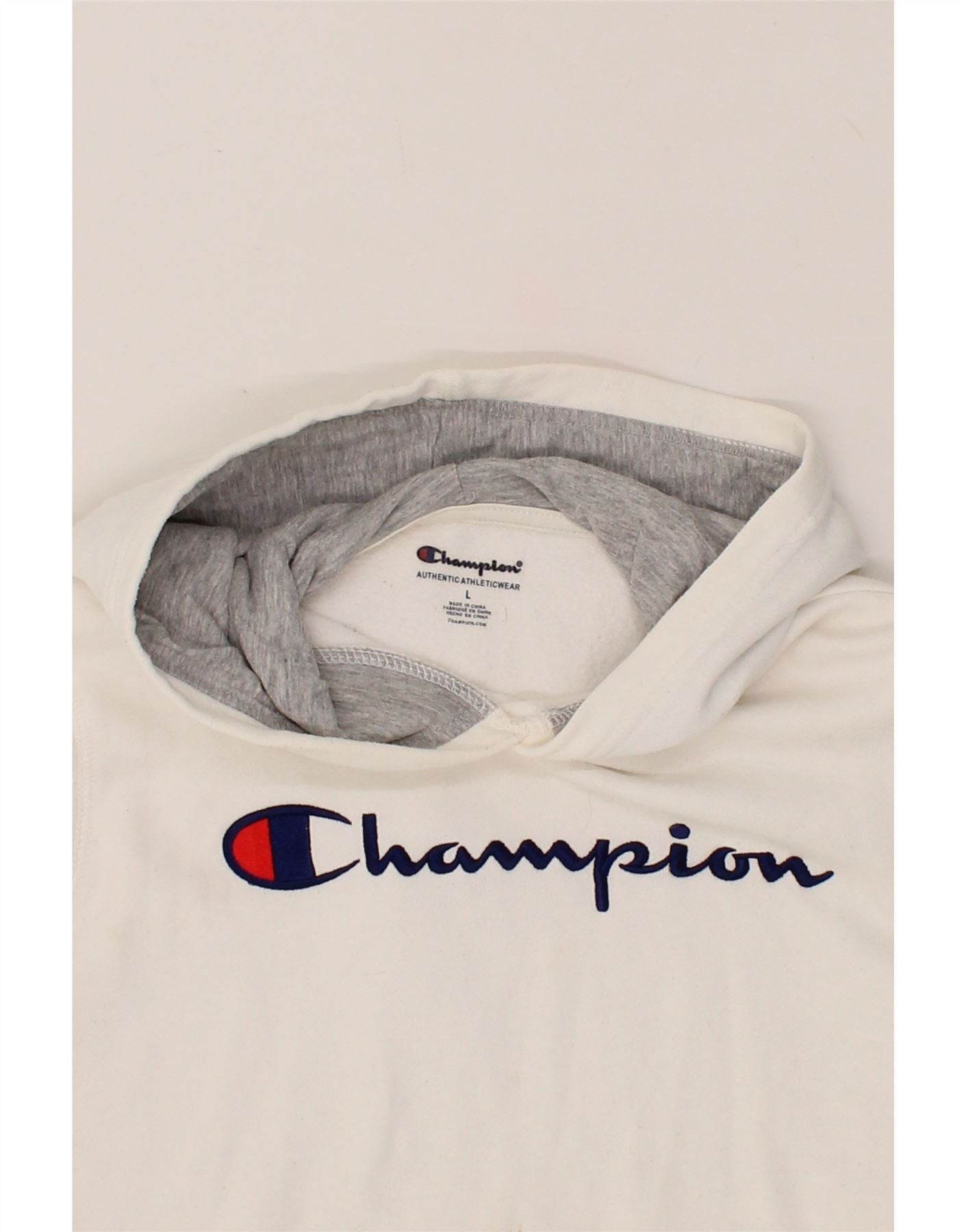 CHAMPION Womens Graphic Hoodie Jumper UK 14 Large White Cotton Vintage Champion and Second-Hand Champion from Messina Hembry