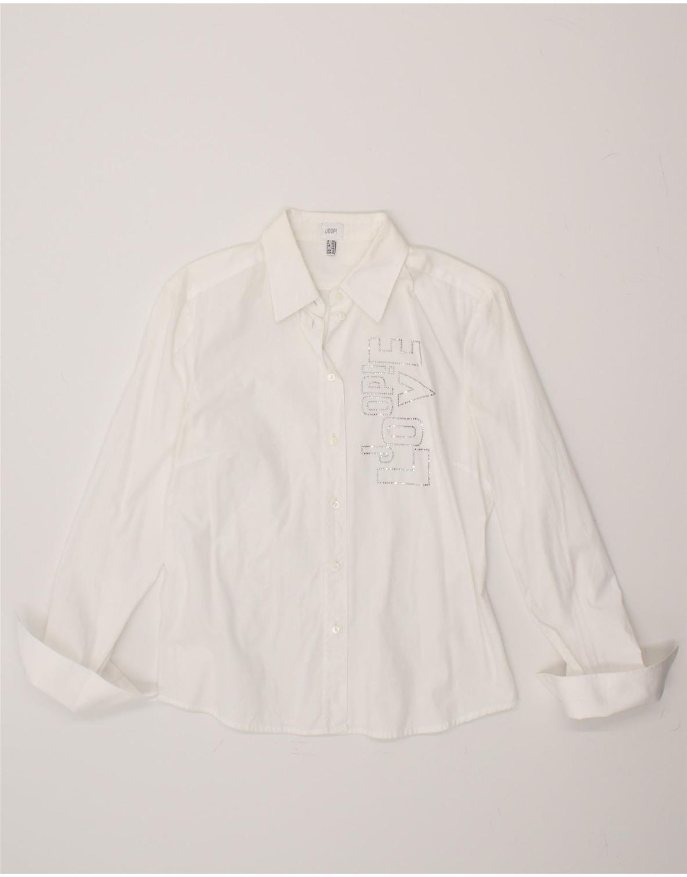 JOOP Womens Graphic Shirt UK 12 Medium  White Cotton Vintage Joop and Second-Hand Joop from Messina Hembry