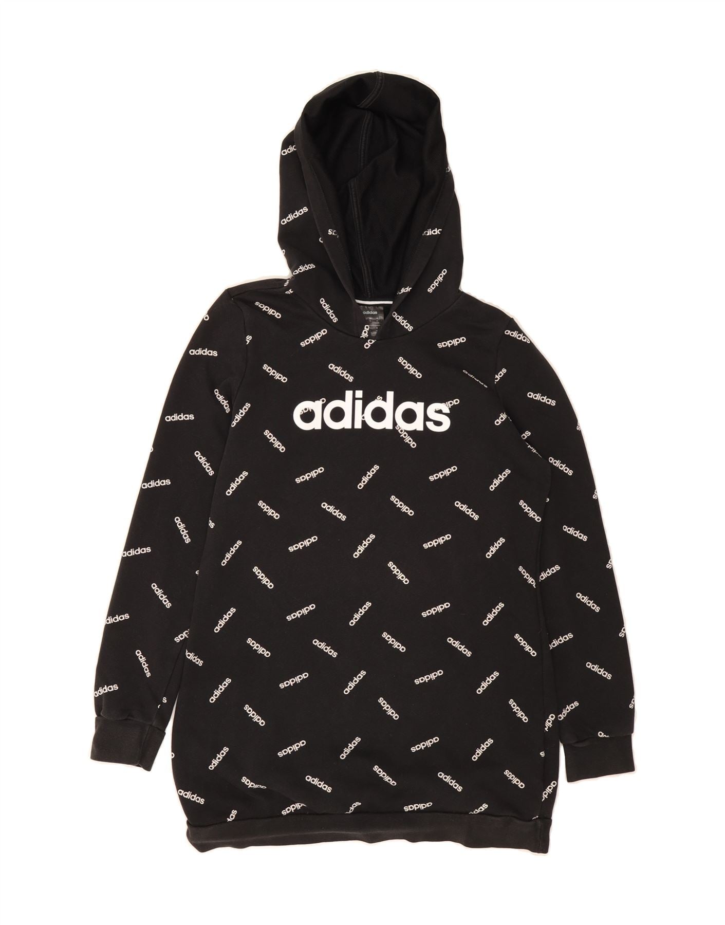 ADIDAS Womens Longline Graphic Hoodie Jumper UK 12/14 Medium Black Cotton Vintage Adidas and Second-Hand Adidas from Messina Hembry