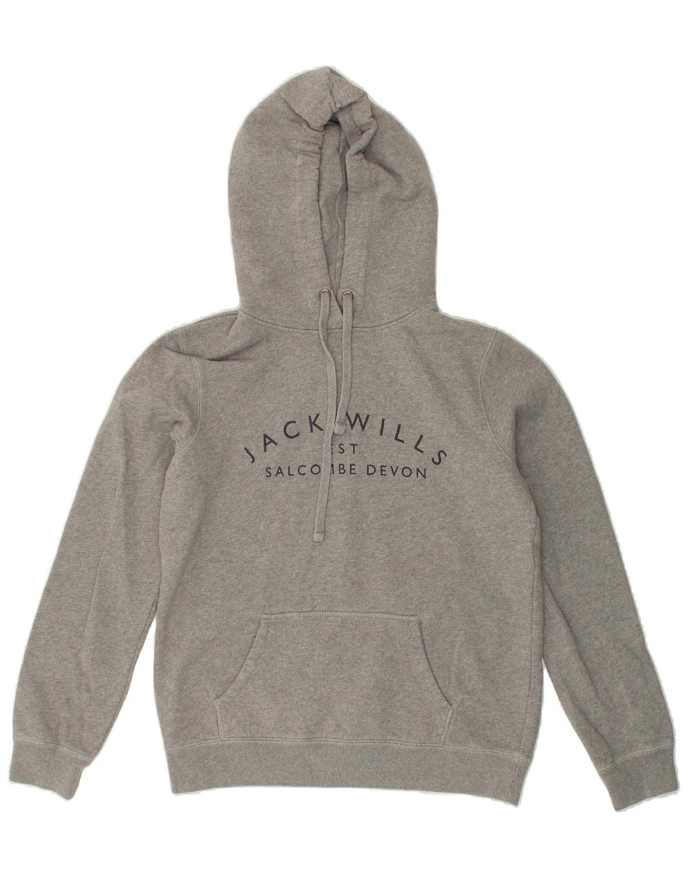 JACK WILLS Womens Graphic Hoodie Jumper UK 12 Medium  Grey Cotton Vintage Jack Wills and Second-Hand Jack Wills from Messina Hembry