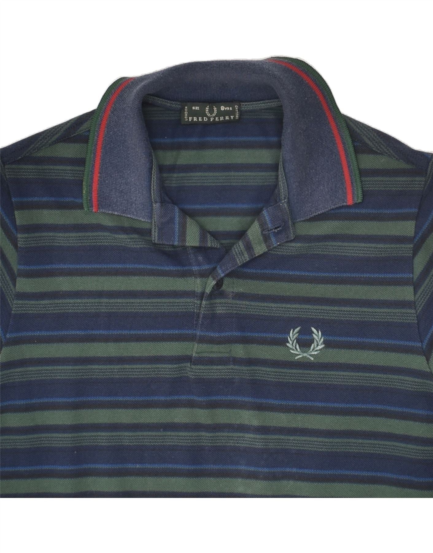 FRED PERRY Boys Long Sleeve Polo Shirt 7-8 Years Navy Blue Striped | Vintage Fred Perry | Thrift | Second-Hand Fred Perry | Used Clothing | Messina Hembry