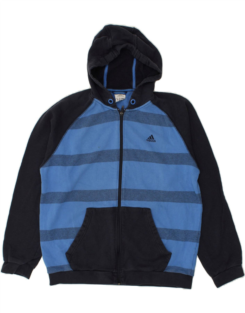 ADIDAS Mens Zip Hoodie Sweater Large Navy Blue Striped Cotton Vintage Second Hand Clothing Online Messina Hembry