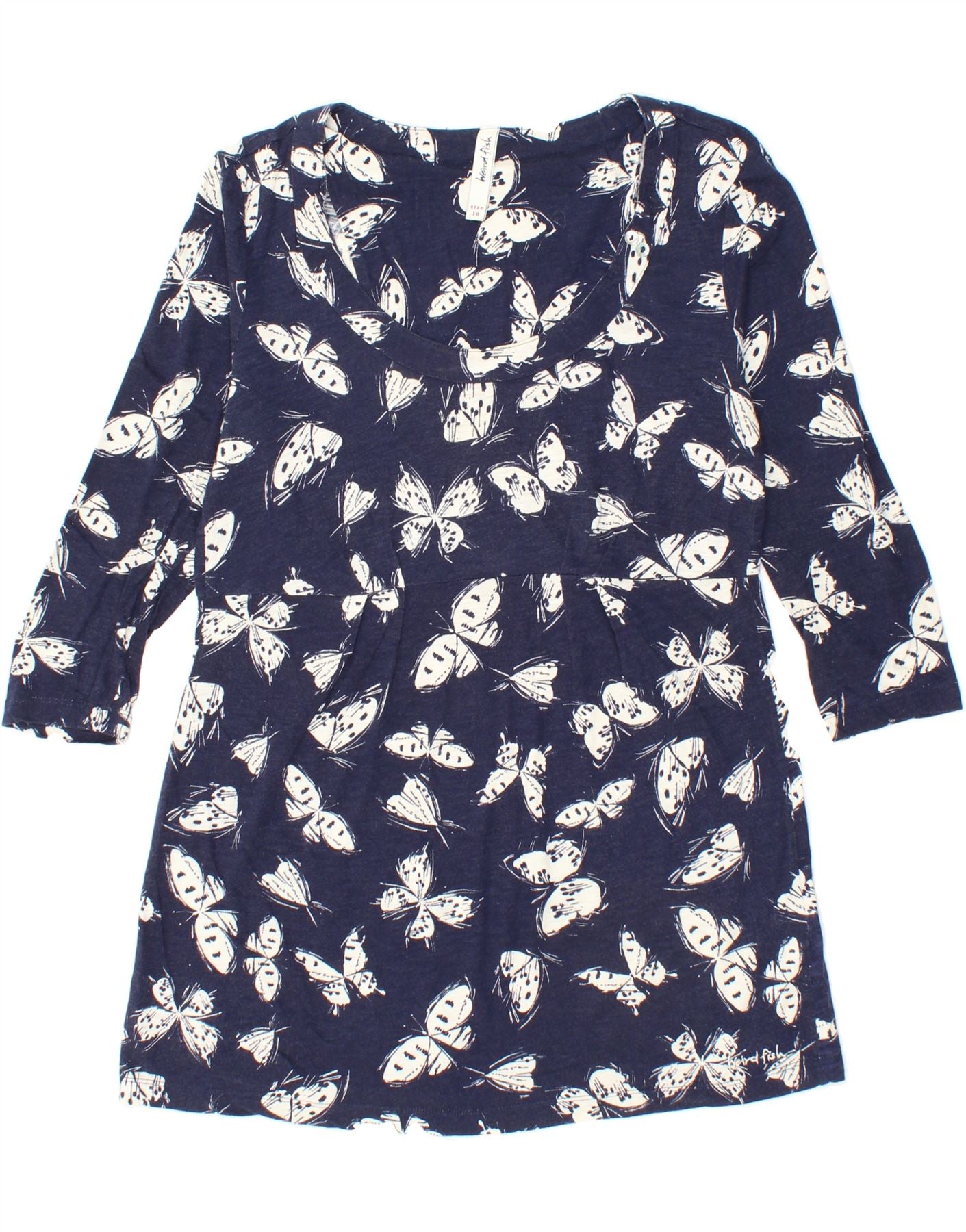 WEIRD FISH Womens Top 3/4 Sleeve UK 10 Small  Navy Blue Cotton Butterfly Vintage Weird Fish and Second-Hand Weird Fish from Messina Hembry