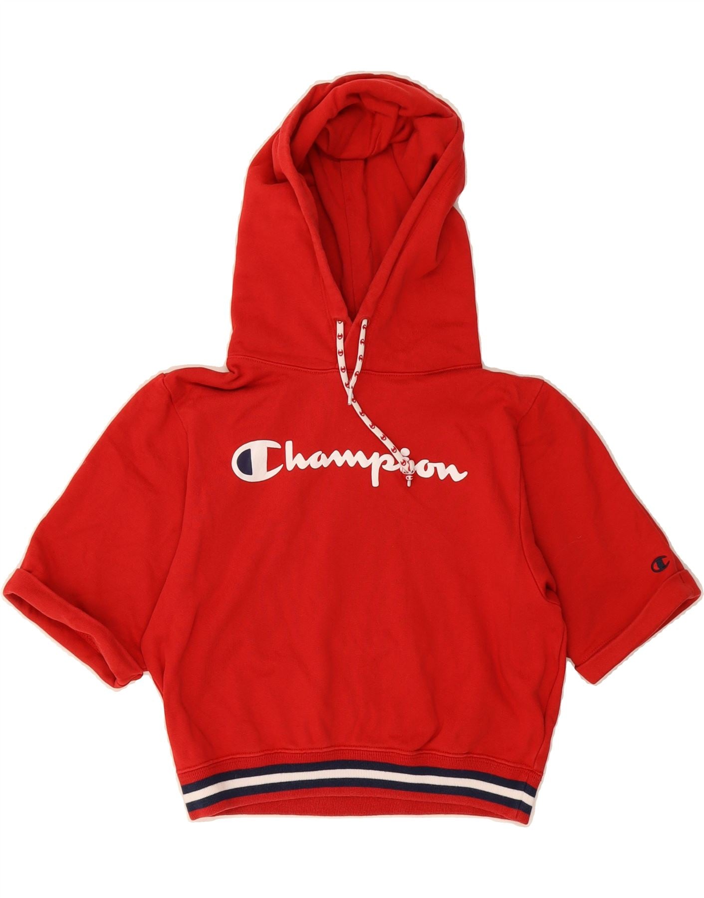 CHAMPION Womens Oversized Crop Hoodie Jumper UK 10 Small Red Colourblock Vintage Champion and Second-Hand Champion from Messina Hembry